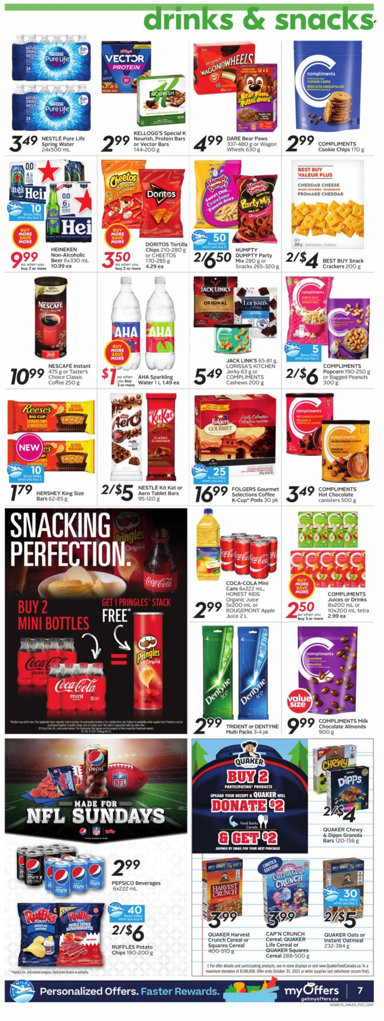 thumbnail - Sobeys Flyer - September 09, 2021 - September 15, 2021 - Sales products - Quaker, jerky, Reese's, milk chocolate, KitKat, crackers, Kellogg's, Trident, Doritos, tortilla chips, potato chips, Pringles, Cheetos, popcorn, Ruffles, Jack Link's, oatmeal, oats, cereals, protein bar, granola bar, Cap'n Crunch, cashews, peanuts, Coca-Cola, Pepsi, juice, spring water, hot chocolate, coffee, Folgers, coffee capsules, K-Cups, beer, Heineken, Paws, Nestlé, chips, Nescafé. Page 8.