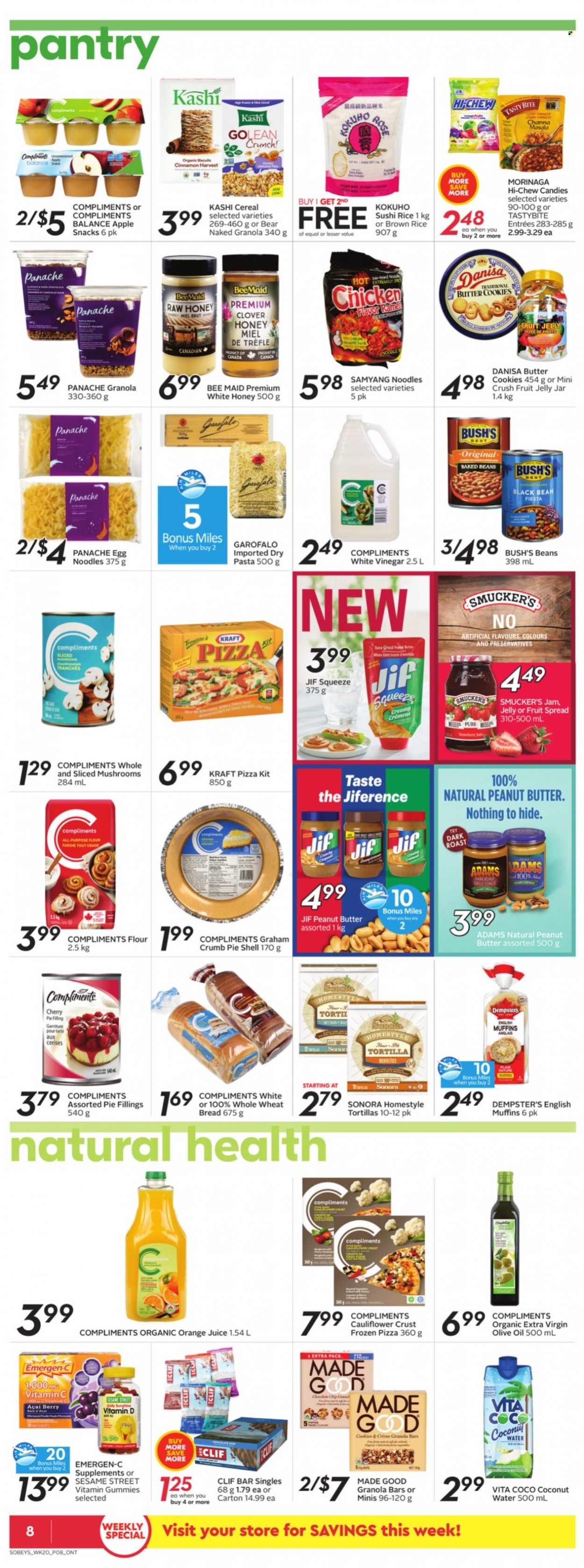 thumbnail - Sobeys Flyer - September 09, 2021 - September 15, 2021 - Sales products - english muffins, tortillas, wheat bread, pie, cherry pie, beans, pizza, pasta, burrito, noodles, Kraft®, cookies, butter cookies, snack, jelly, Sesame Street, baked beans, cereals, granola bar, brown rice, rice, egg noodles, cinnamon, extra virgin olive oil, vinegar, olive oil, oil, honey, fruit jam, peanut butter, Jif, orange juice, juice, coconut water, wine, rosé wine, vitamin c, Emergen-C. Page 9.