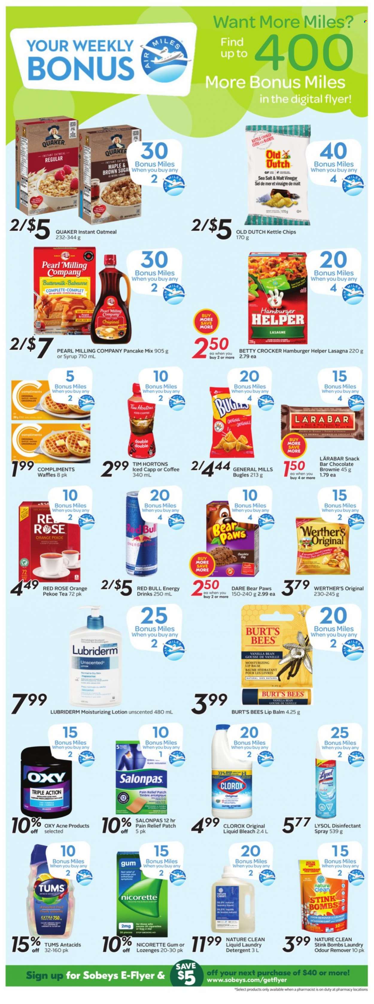 thumbnail - Sobeys Flyer - September 09, 2021 - September 15, 2021 - Sales products - brownies, waffles, pancakes, Quaker, lasagna meal, buttermilk, chocolate, snack, snack bar, oatmeal, energy drink, Red Bull, tea, coffee, wine, rosé wine, bleach, Lysol, Clorox, laundry detergent, lip balm, body lotion, Lubriderm, antibacterial spray, Paws, pain relief, Nicorette, Nicorette Gum, detergent, chips, oranges, desinfection. Page 11.