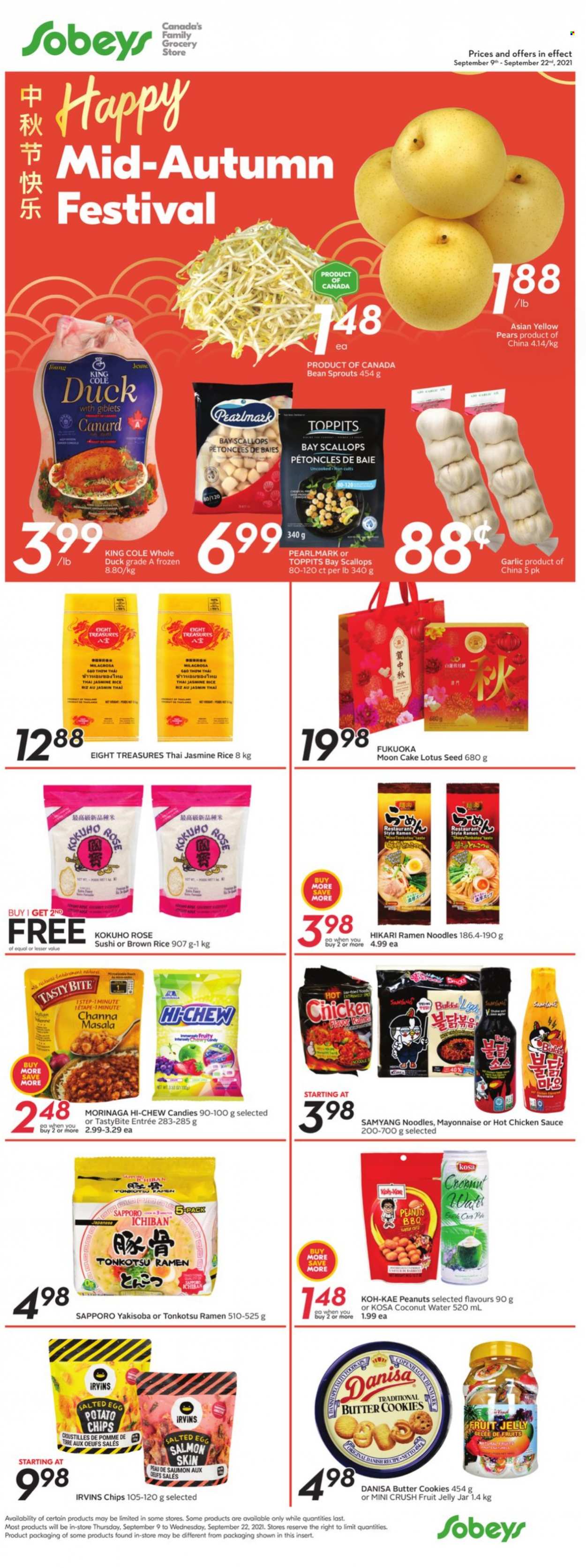 thumbnail - Sobeys Flyer - September 09, 2021 - September 15, 2021 - Sales products - cake, garlic, pears, salmon, scallops, ramen, sauce, noodles, mayonnaise, cookies, butter cookies, jelly, salted egg, brown rice, rice, jasmine rice, peanuts, rosé wine, Lotus, bean sprouts. Page 12.