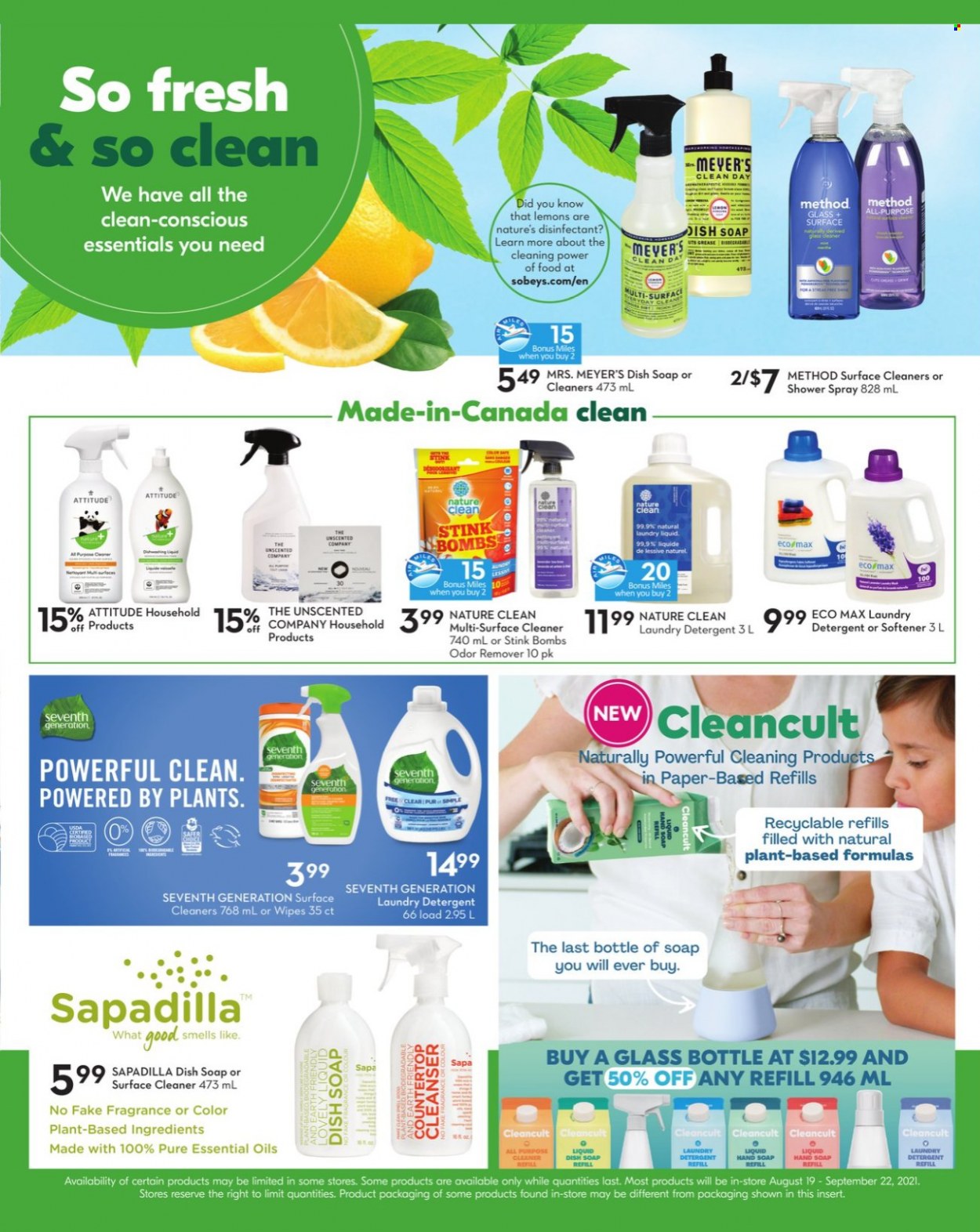 thumbnail - Sobeys Flyer - September 09, 2021 - September 15, 2021 - Sales products - lemons, wipes, surface cleaner, cleaner, fabric softener, laundry detergent, soap, cleanser, fragrance, detergent, desinfection. Page 19.
