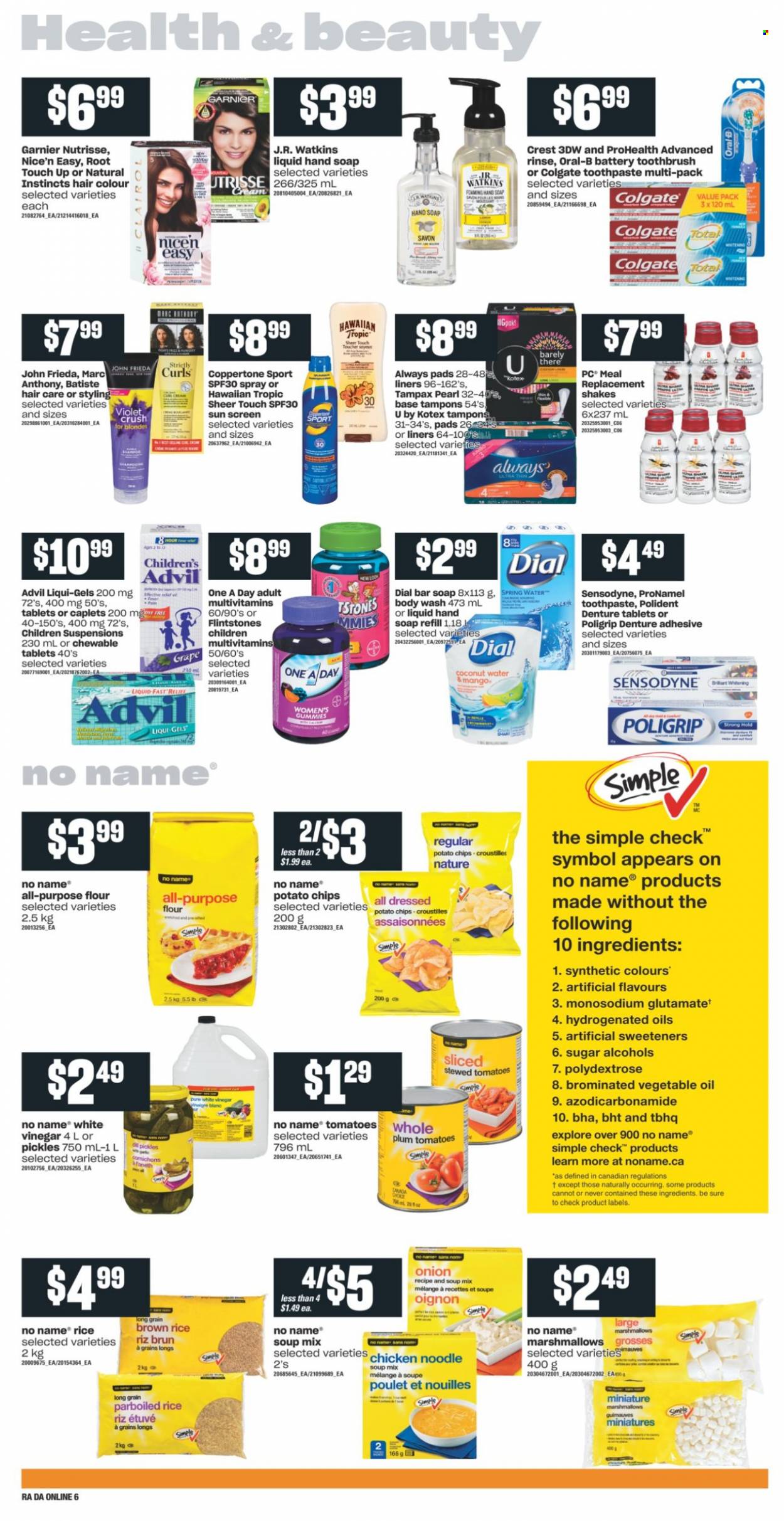 thumbnail - Atlantic Superstore Flyer - September 09, 2021 - September 15, 2021 - Sales products - tomatoes, No Name, soup mix, soup, noodles, shake, marshmallows, potato chips, flour, sugar, pickles, brown rice, rice, parboiled rice, vegetable oil, oil, coconut water, spring water, body wash, hand soap, soap bar, Dial, soap, toothbrush, toothpaste, Polident, Crest, Always pads, Kotex, tampons, hair color, John Frieda, Sure, multivitamin, Advil Rapid, Colgate, Garnier, Tampax, Oral-B, chips, Sensodyne. Page 10.