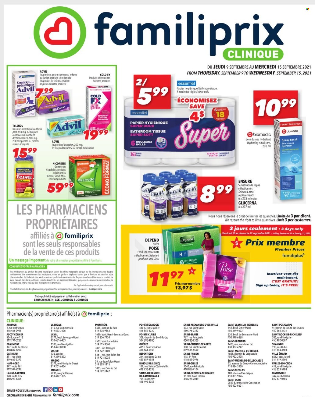 thumbnail - Familiprix Clinique Flyer - September 09, 2021 - September 15, 2021 - Sales products - Johnson's, bath tissue, Clinique, BIC, Nicorette, Tylenol, Glucerna, Advil Rapid. Page 1.