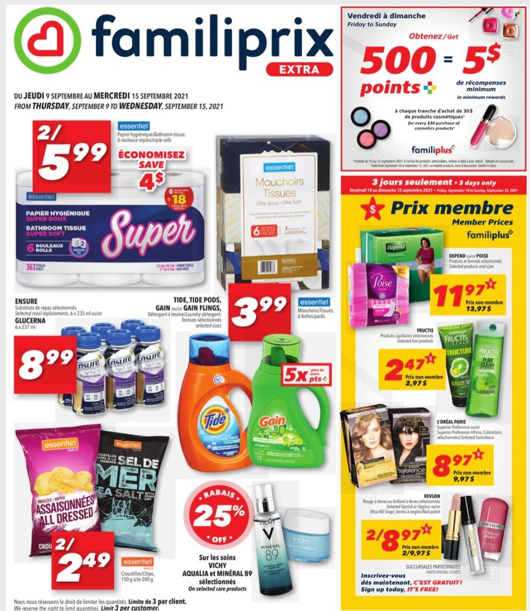 thumbnail - Familiprix Extra Flyer - September 09, 2021 - September 15, 2021 - Sales products - bath tissue, Gain, Tide, Vichy, L’Oréal, Revlon, Fructis, polish, lipstick, Glucerna, detergent, chips. Page 1.
