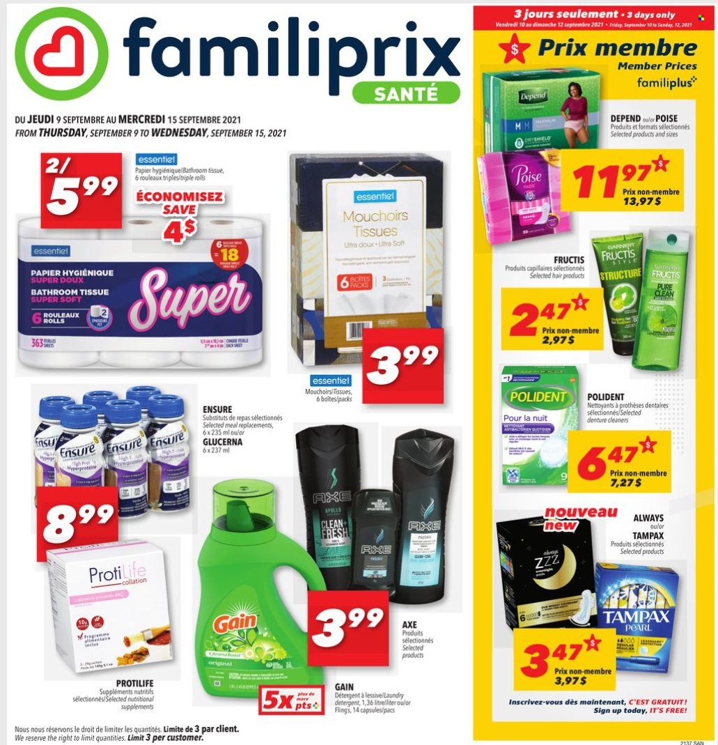 thumbnail - Familiprix Santé Flyer - September 09, 2021 - September 15, 2021 - Sales products - bath tissue, Gain, Polident, Fructis, Glucerna, detergent, Tampax. Page 1.
