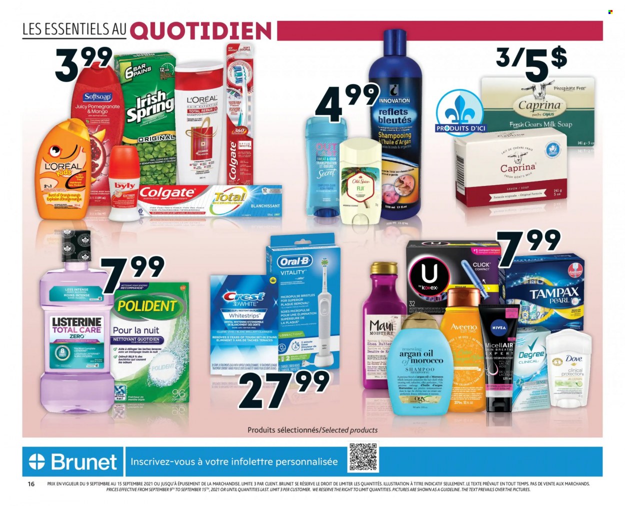 thumbnail - Brunet Flyer - September 09, 2021 - September 15, 2021 - Sales products - Aveeno, Softsoap, soap, Polident, Crest, tampons, L’Oréal, shea butter, argan oil, Dove, Colgate, Listerine, shampoo, Tampax, Nivea, Old Spice, Oral-B. Page 13.