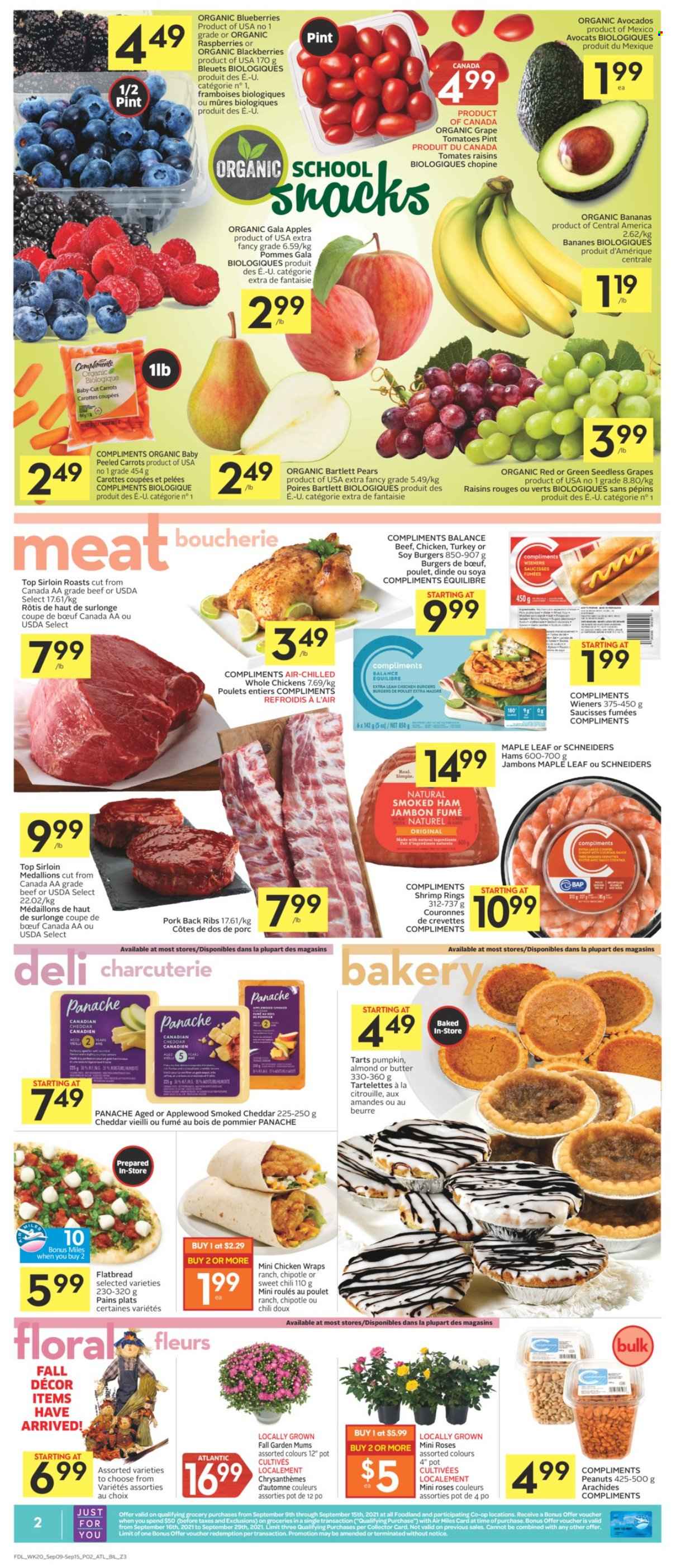 thumbnail - Co-op Flyer - September 09, 2021 - September 15, 2021 - Sales products - flatbread, wraps, tomatoes, apples, avocado, bananas, Bartlett pears, blackberries, Gala, seedless grapes, pears, organic bananas, shrimps, hamburger, ham, smoked ham, cheddar, cheese, butter, peanuts, dried fruit, whole chicken, pork meat, pork ribs, pork back ribs, raisins. Page 2.