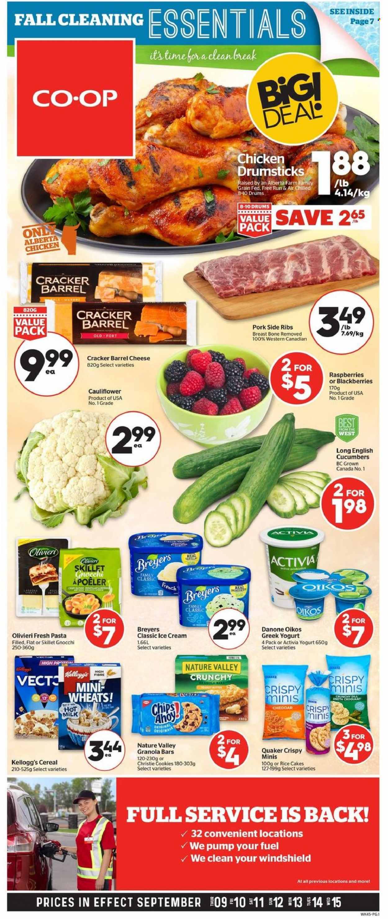 thumbnail - Calgary Co-op Flyer - September 09, 2021 - September 15, 2021 - Sales products - cucumber, blackberries, Quaker, cheese, greek yoghurt, yoghurt, Activia, Oikos, milk, ice cream, cookies, crackers, Kellogg's, cereals, granola bar, Nature Valley, chicken drumsticks, chicken, Danone, Dell, gnocchi, chips. Page 1.