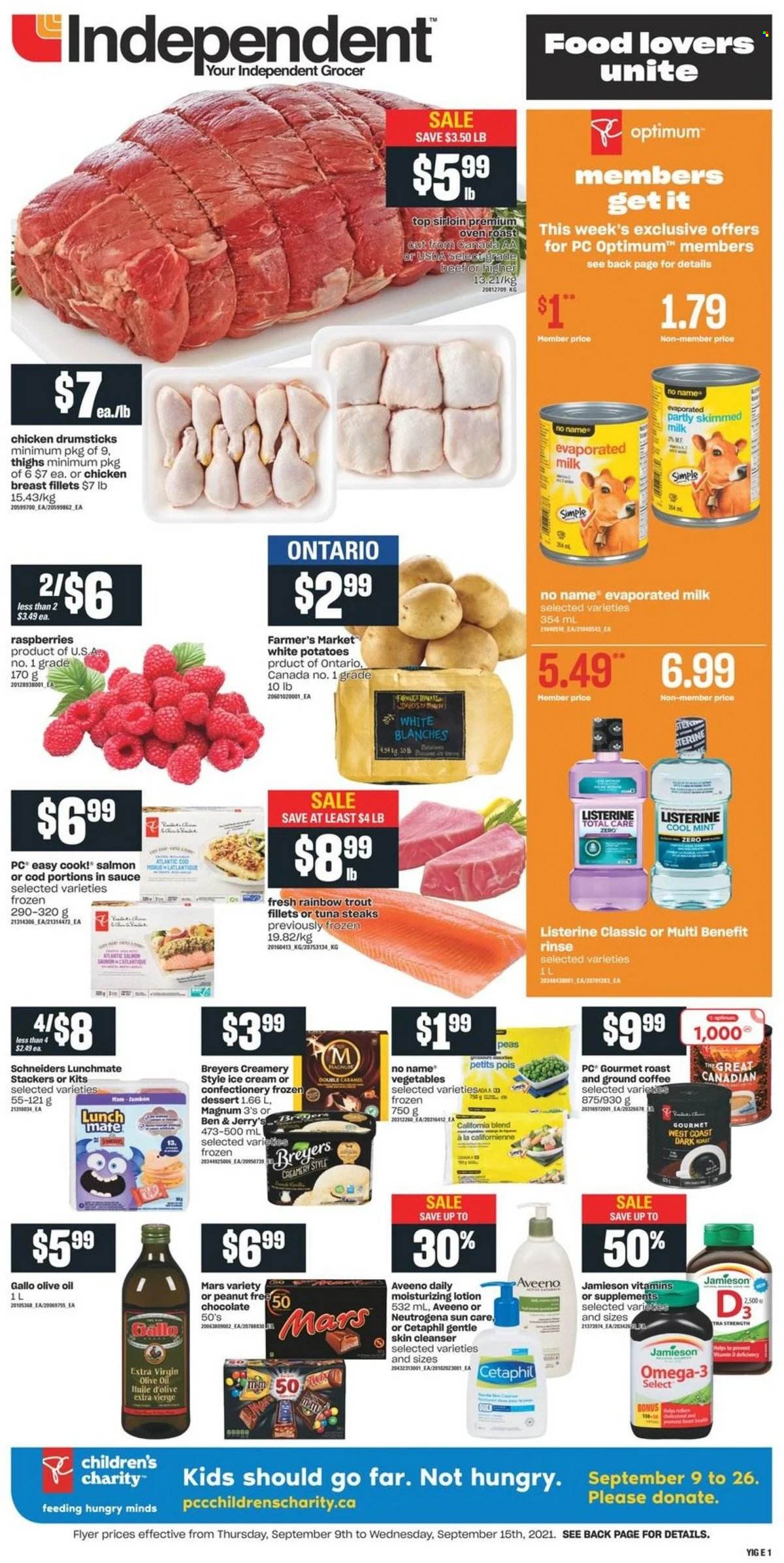 thumbnail - Independent Flyer - September 09, 2021 - September 15, 2021 - Sales products - potatoes, peas, cod, salmon, trout, tuna, No Name, ham, evaporated milk, Magnum, ice cream, Ben & Jerry's, Mars, oats, extra virgin olive oil, olive oil, oil, coffee, ground coffee, chicken breasts, chicken drumsticks, chicken, Aveeno, cleanser, body lotion, Optimum, Omega-3, Listerine, Neutrogena, steak. Page 1.