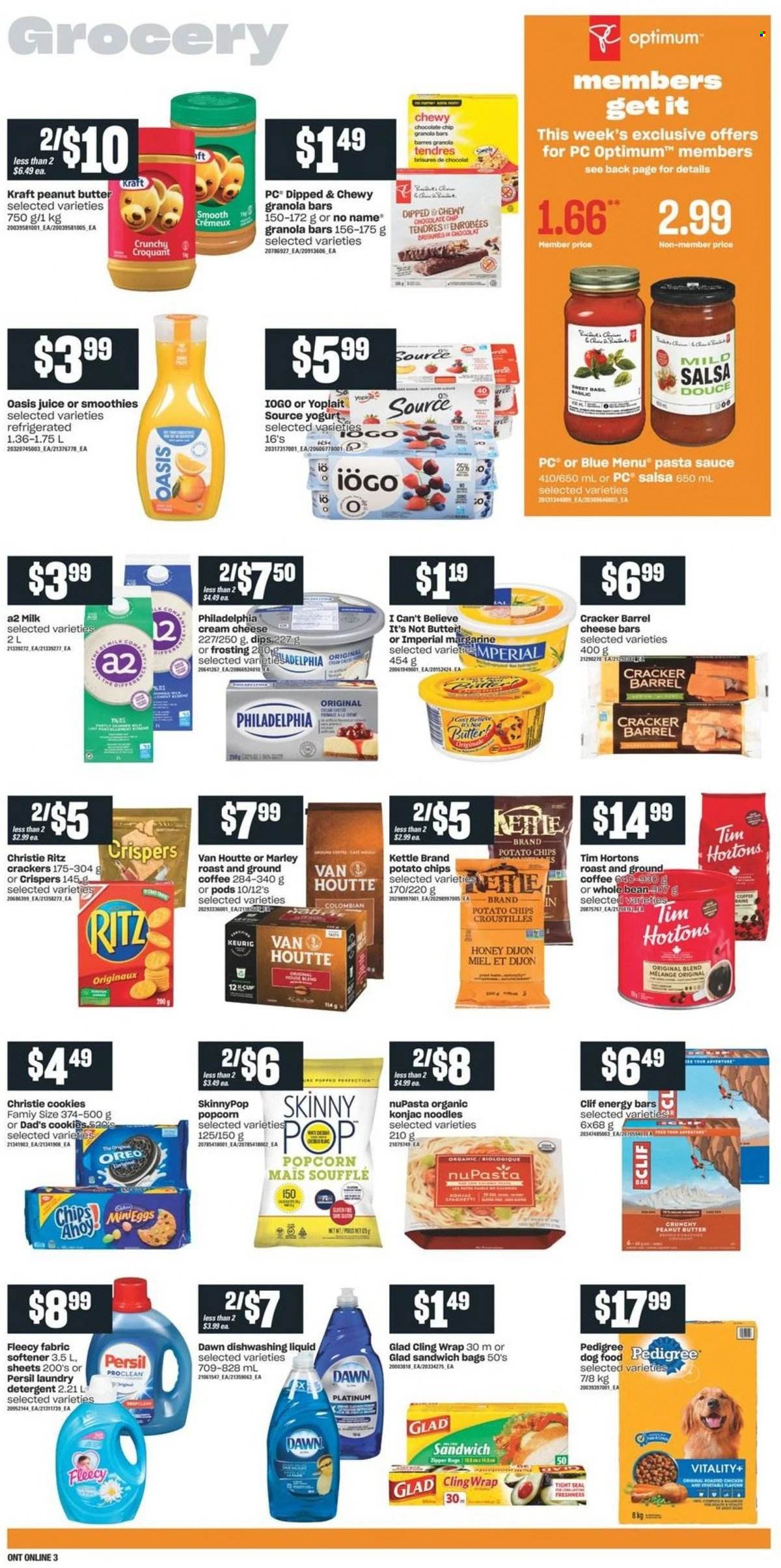 thumbnail - Independent Flyer - September 09, 2021 - September 15, 2021 - Sales products - No Name, pasta sauce, sauce, noodles, Kraft®, cream cheese, cheese, yoghurt, Yoplait, milk, margarine, I Can't Believe It's Not Butter, cookies, crackers, RITZ, potato chips, popcorn, frosting, granola bar, energy bar, salsa, honey, peanut butter, juice, coffee, ground coffee, Keurig, Persil, fabric softener, laundry detergent, dishwashing liquid, bag, rags, clingwrap, animal food, dog food, Optimum, Pedigree, Oreo, detergent, Philadelphia, chips. Page 7.