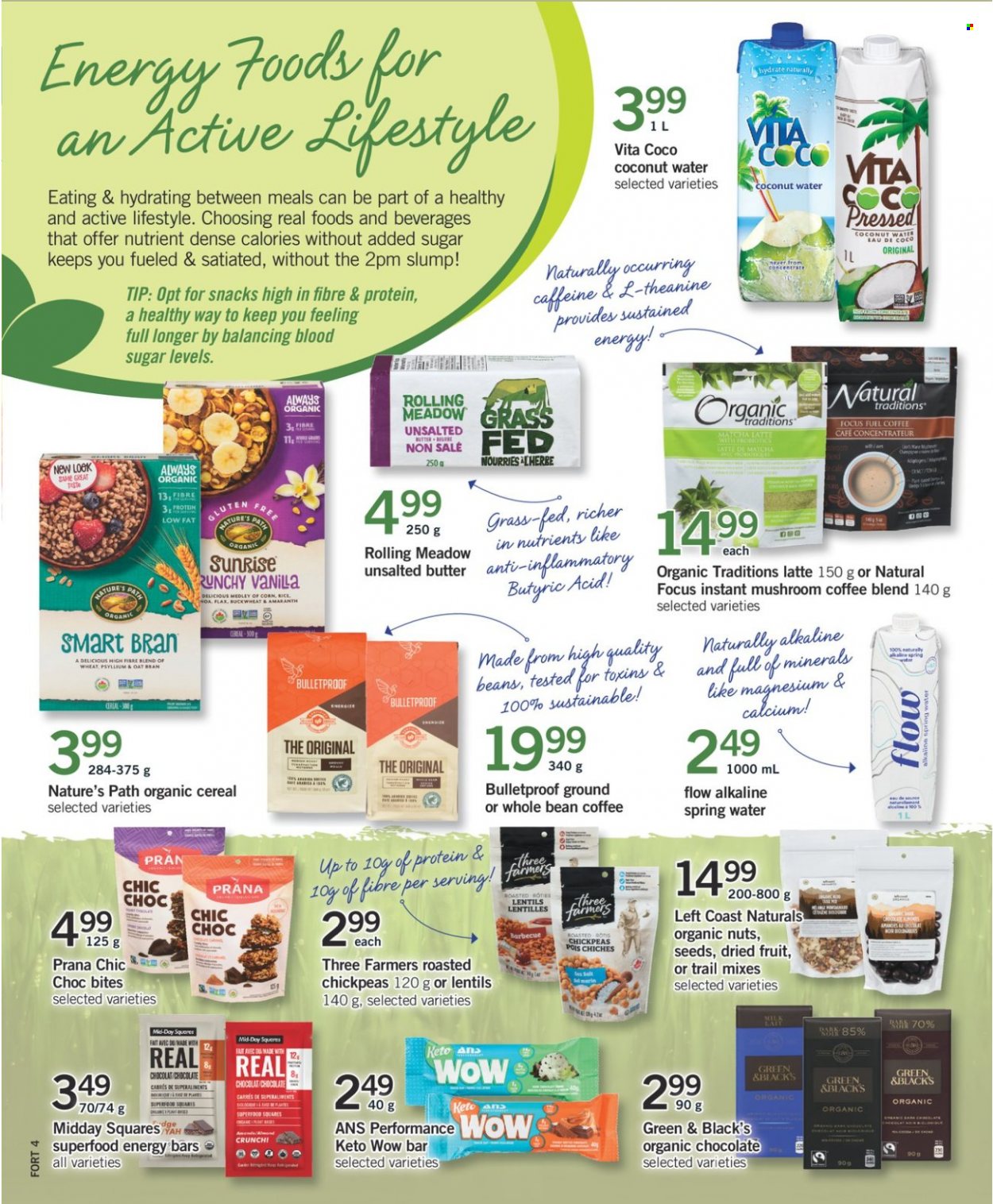 thumbnail - Fortinos Flyer - September 09, 2021 - September 15, 2021 - Sales products - mushrooms, chocolate, oats, lentils, cereals, energy bar, buckwheat, chickpeas, dried fruit, coconut water, spring water, matcha, coffee, magnesium, calcium. Page 17.