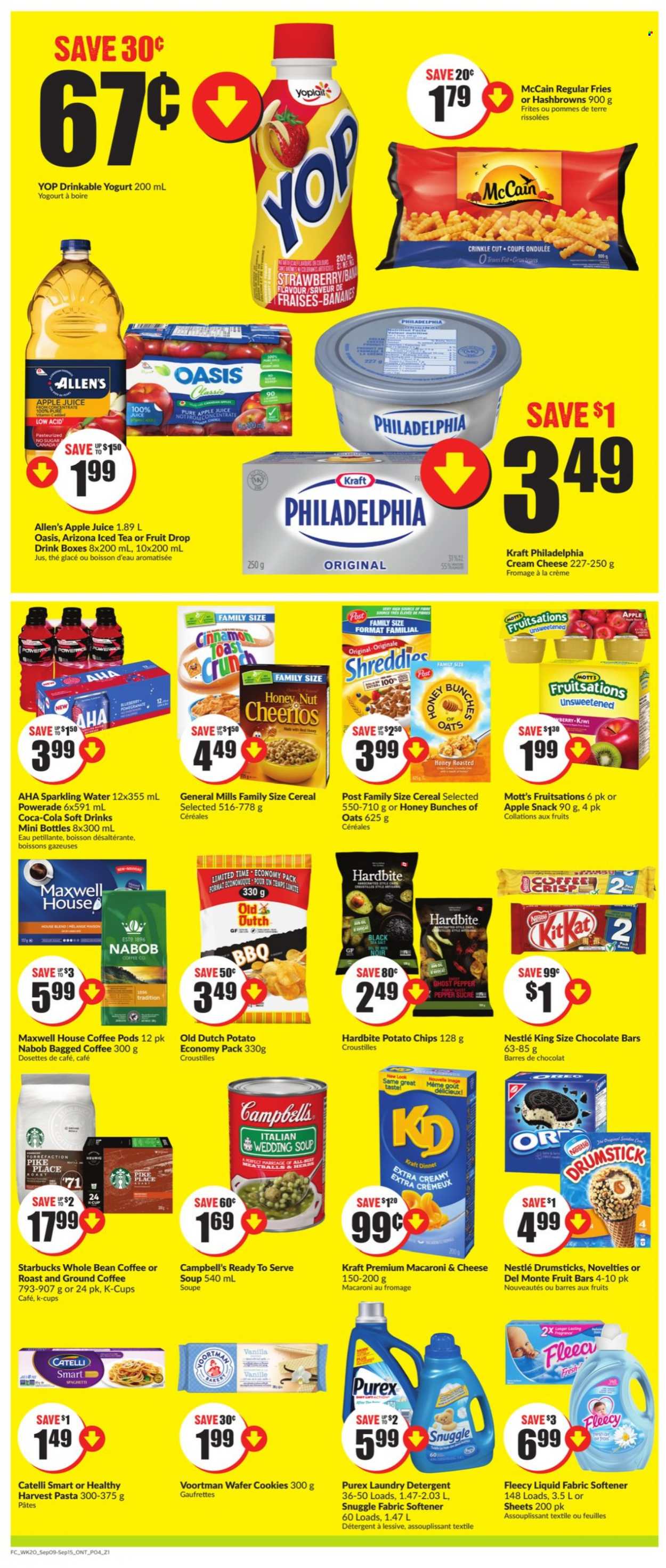 thumbnail - Chalo! FreshCo. Flyer - September 09, 2021 - September 15, 2021 - Sales products - Mott's, Campbell's, macaroni & cheese, soup, pasta, Harvest Pasta, Kraft®, cream cheese, yoghurt, McCain, hash browns, potato fries, cookies, wafers, snack, chocolate bar, potato chips, cereals, Cheerios, cinnamon, ghost pepper, apple juice, Coca-Cola, Powerade, juice, ice tea, soft drink, AriZona, sparkling water, Maxwell House, coffee pods, ground coffee, coffee capsules, L'Or, Starbucks, K-Cups, bagged coffee, Nestlé, detergent, Philadelphia, chips. Page 3.
