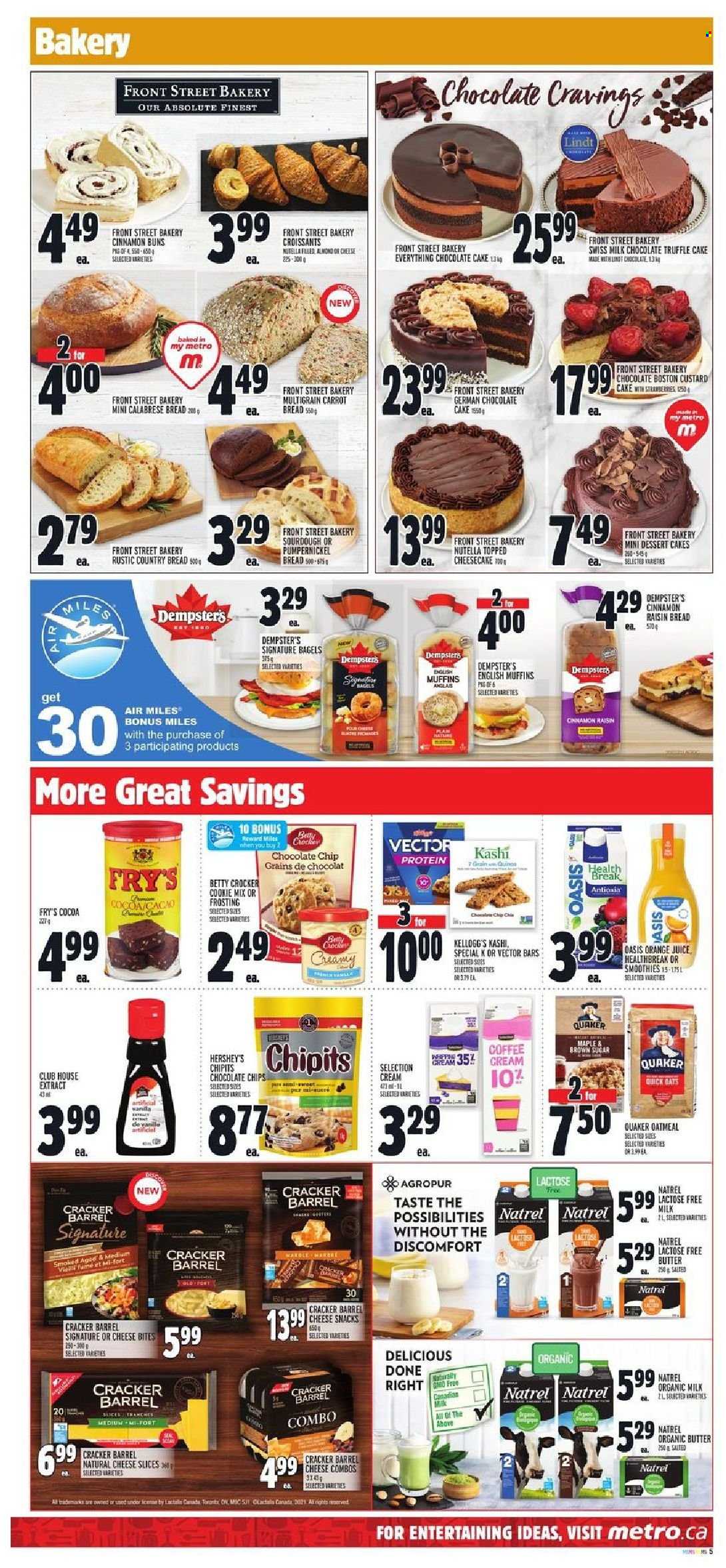 thumbnail - Metro Flyer - September 09, 2021 - September 15, 2021 - Sales products - bagels, bread, english muffins, cake, croissant, buns, cheesecake, custard cake, chocolate cake, Quaker, sliced cheese, organic milk, lactose free milk, butter, Hershey's, milk chocolate, snack, truffles, crackers, Kellogg's, frosting, oatmeal, orange juice, juice, coffee, Absolute, Nutella, Lindt. Page 6.
