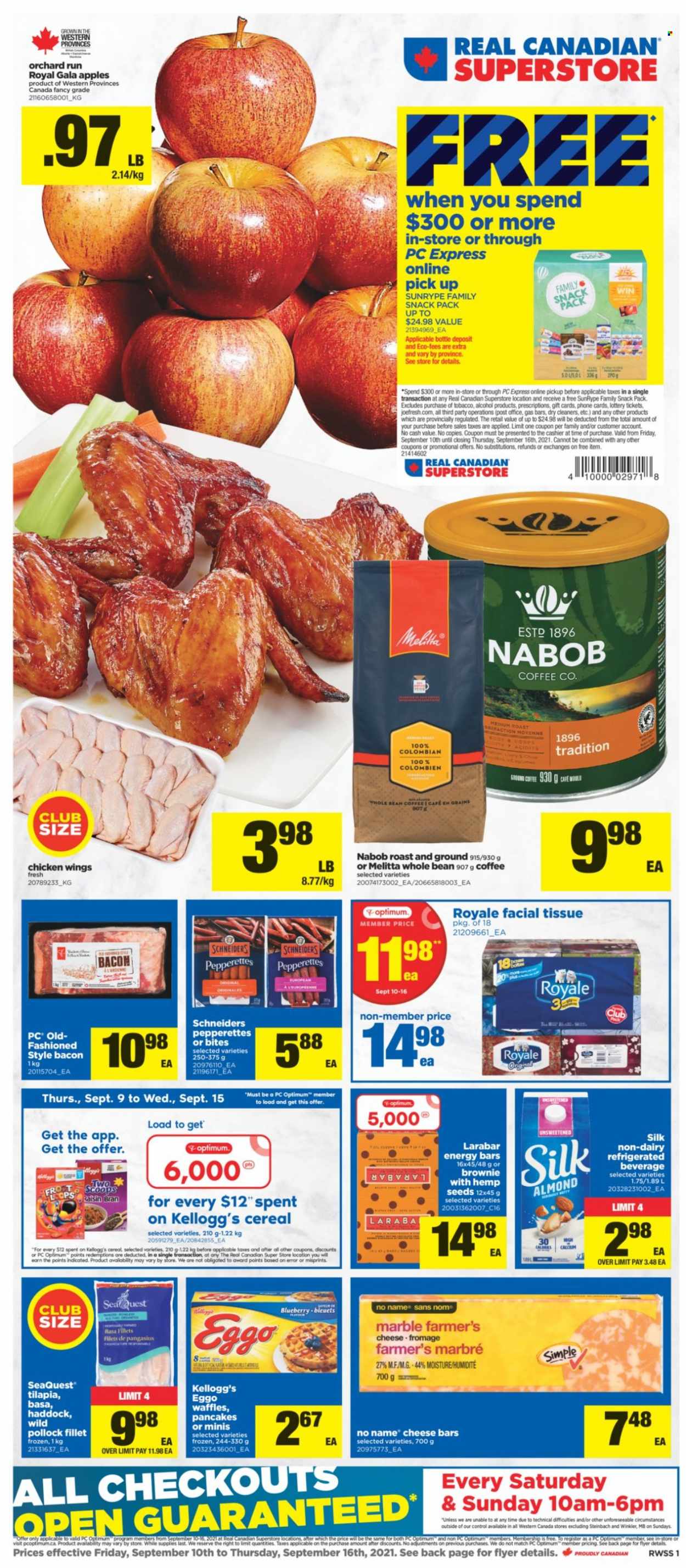 thumbnail - Real Canadian Superstore Flyer - September 10, 2021 - September 16, 2021 - Sales products - brownies, waffles, apples, Gala, tilapia, haddock, pollock, No Name, bacon, cheese, Silk, chicken wings, Kellogg's, cereals, energy bar, coffee, tissues, Optimum. Page 1.
