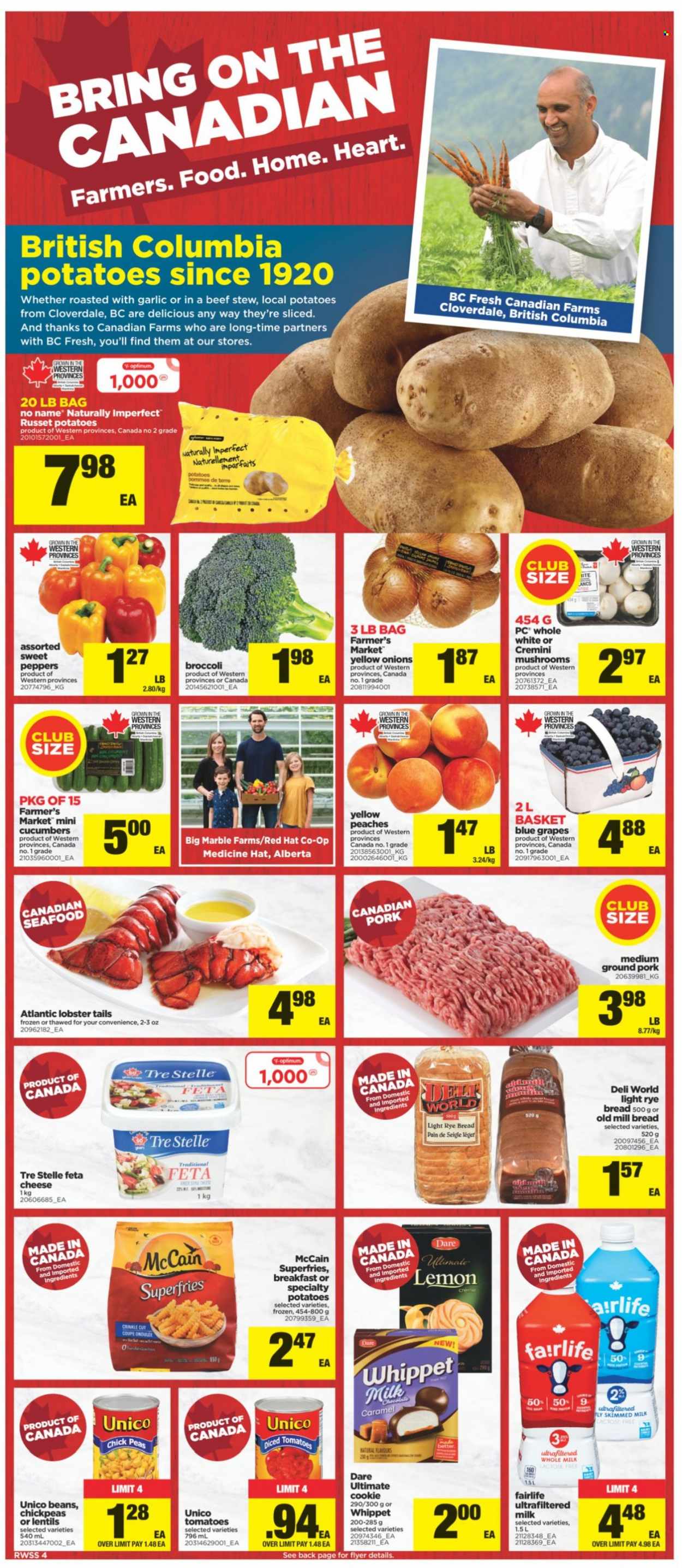 thumbnail - Real Canadian Superstore Flyer - September 10, 2021 - September 16, 2021 - Sales products - russet potatoes, tomatoes, potatoes, onion, grapes, peaches, lobster, seafood, lobster tail, No Name, cheese, feta, milk, McCain, potato fries, lentils, chickpeas, caramel, ground pork, Optimum, basket. Page 4.