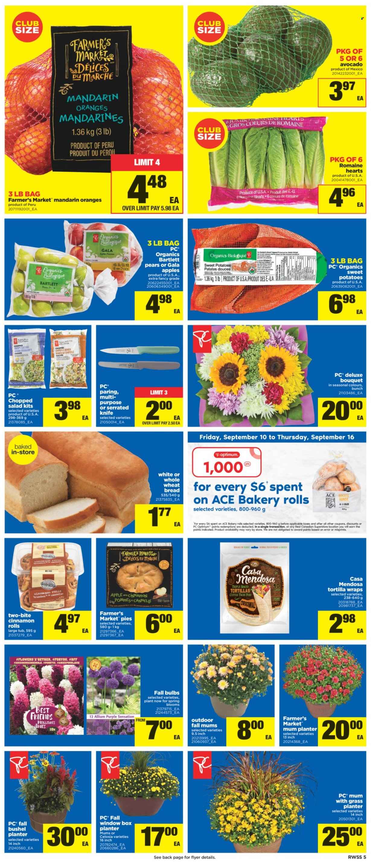 thumbnail - Real Canadian Superstore Flyer - September 10, 2021 - September 16, 2021 - Sales products - tortillas, wheat bread, ACE Bakery, wraps, cinnamon roll, sweet potato, potatoes, salad, chopped salad, apples, avocado, Bartlett pears, Gala, mandarines, pears, Mum, knife, bulb, Optimum, bouquet, oranges. Page 5.