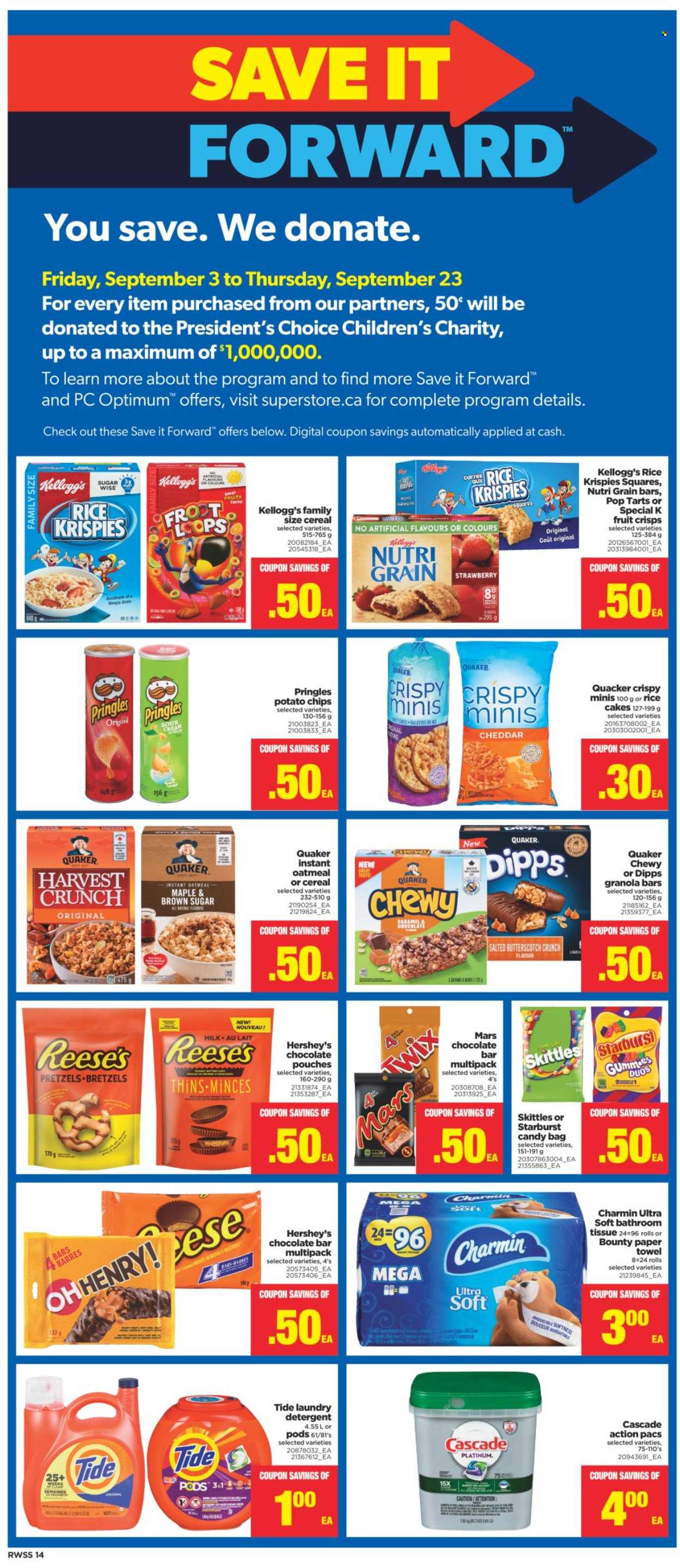 thumbnail - Real Canadian Superstore Flyer - September 10, 2021 - September 16, 2021 - Sales products - pretzels, Quaker, cheese, Président, milk, Reese's, Hershey's, butterscotch, Bounty, Mars, Kellogg's, Skittles, Pop-Tarts, Starburst, chocolate bar, potato chips, Pringles, Thins, oatmeal, granola bar, Rice Krispies, Nutri-Grain, caramel, L'Or, bath tissue, paper towels, Charmin, Tide, laundry detergent, Cascade, Optimum, detergent, chips. Page 14.