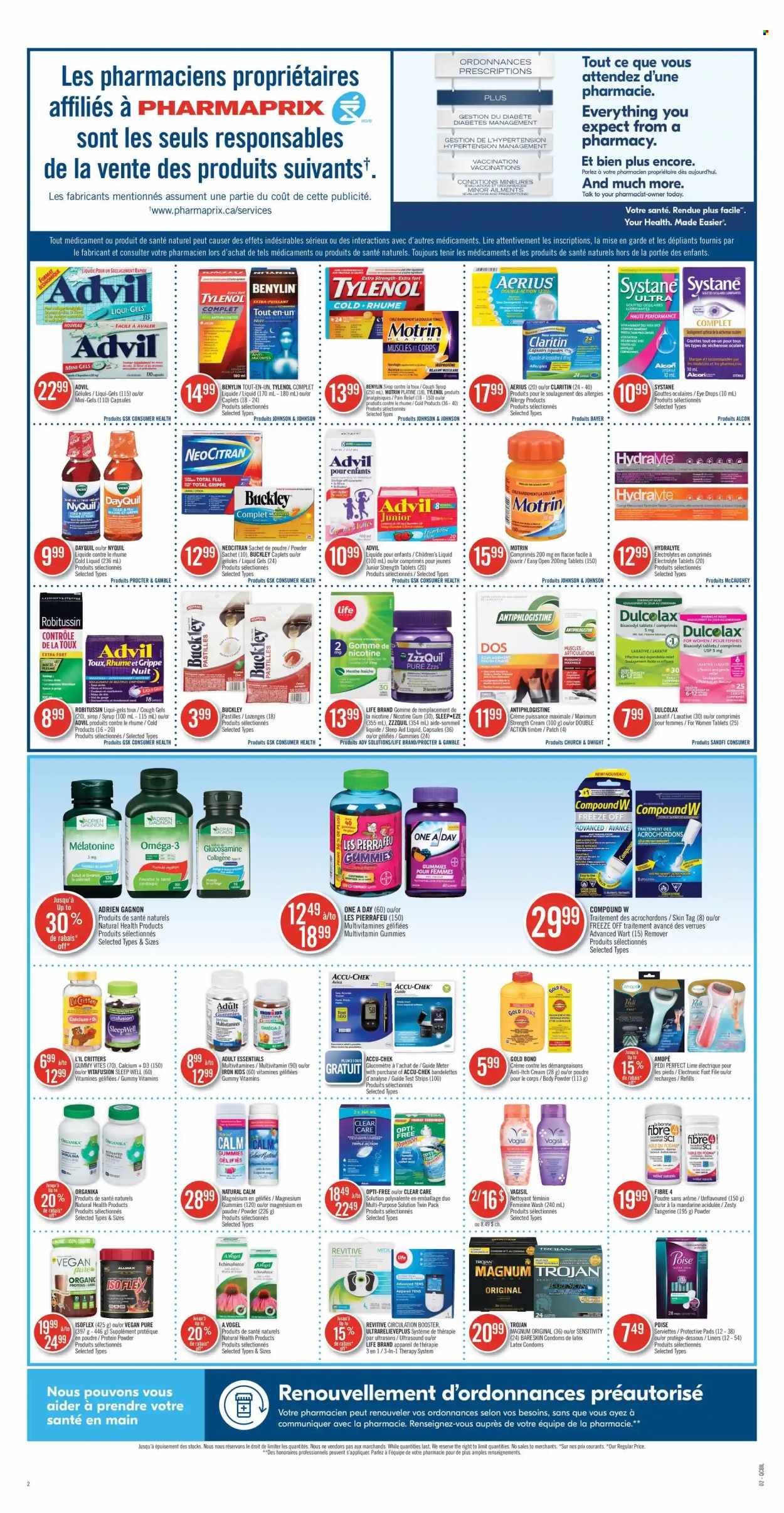 thumbnail - Pharmaprix Flyer - September 11, 2021 - September 16, 2021 - Sales products - Magnum, pastilles, syrup, Johnson's, condom, Vicks, iron, Revitive, pain relief, Clear Care, DayQuil, Dulcolax, glucosamine, magnesium, multivitamin, nicotine therapy, Tylenol, Vitafusion, ZzzQuil, NyQuil, Omega-3, eye drops, Advil Rapid, whey protein, Echinaforce, laxative, vitamin D3, Bayer, Benylin, Motrin, calcium, Robitussin, Systane. Page 2.