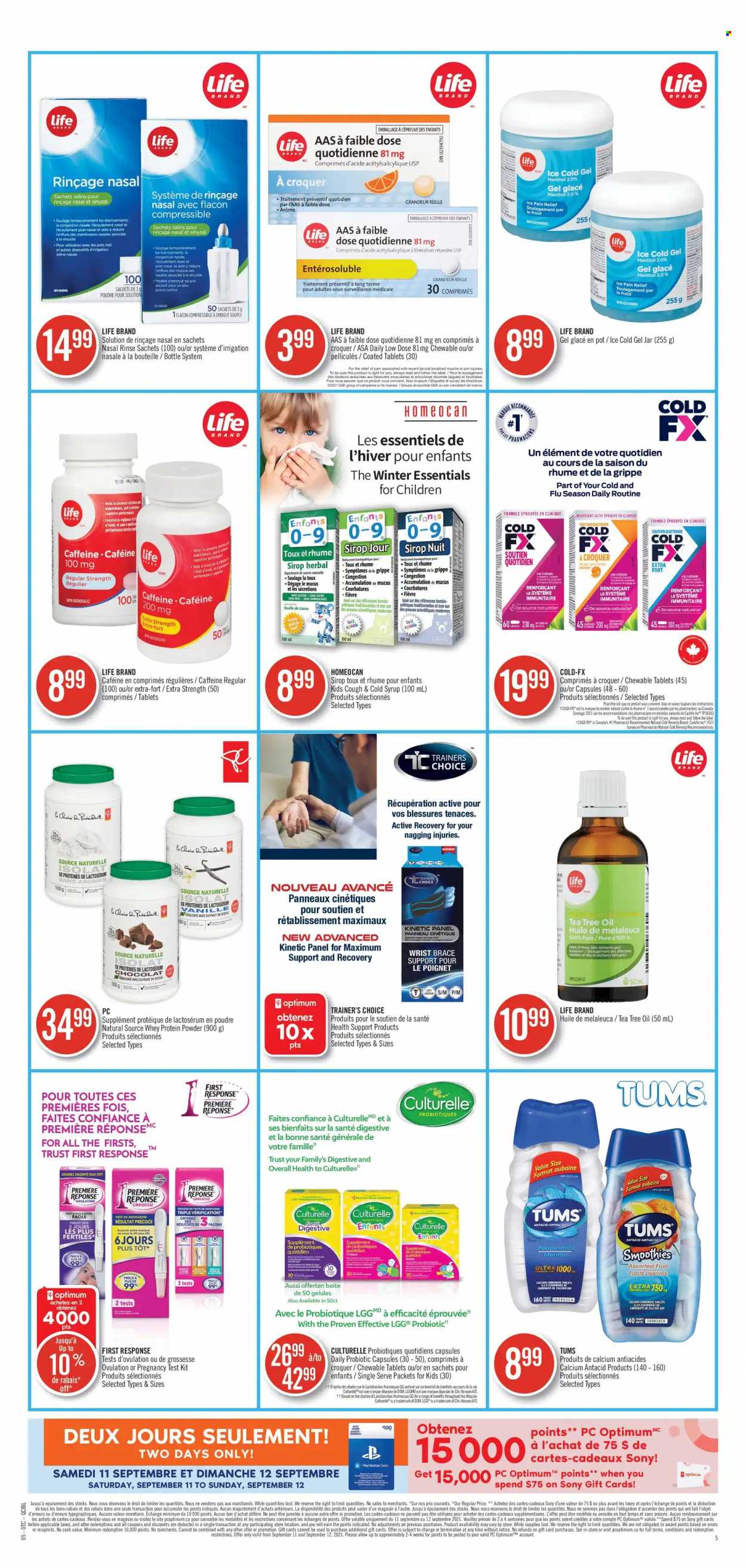 thumbnail - Pharmaprix Flyer - September 11, 2021 - September 16, 2021 - Sales products - Sony, oil, syrup, smoothie, tea, Clinique, Sure, pot, jar, PlayStation, pain relief, Culturelle, probiotics, whey protein, Antacid, tea tree oil, Low Dose, brace, calcium. Page 5.