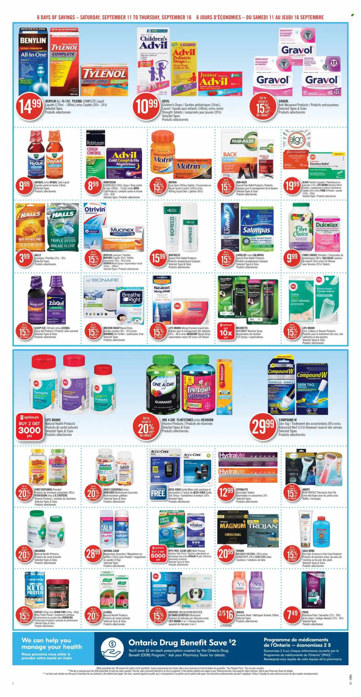 thumbnail - Shoppers Drug Mart Flyer - September 11, 2021 - September 16, 2021 - Sales products - Halls, bubblegum, pastilles, corn, turmeric, honey, syrup, Bai, foot care, Revitive, pain relief, Clear Care, DayQuil, Dulcolax, magnesium, Mucinex, multivitamin, Nicorette, Tylenol, Vitafusion, ZzzQuil, Prenatal, NyQuil, Omega-3, activated charcoal, Advil Rapid, whey protein, Echinaforce, laxative, Benylin, nasal spray, Motrin, calcium, Robitussin. Page 2.