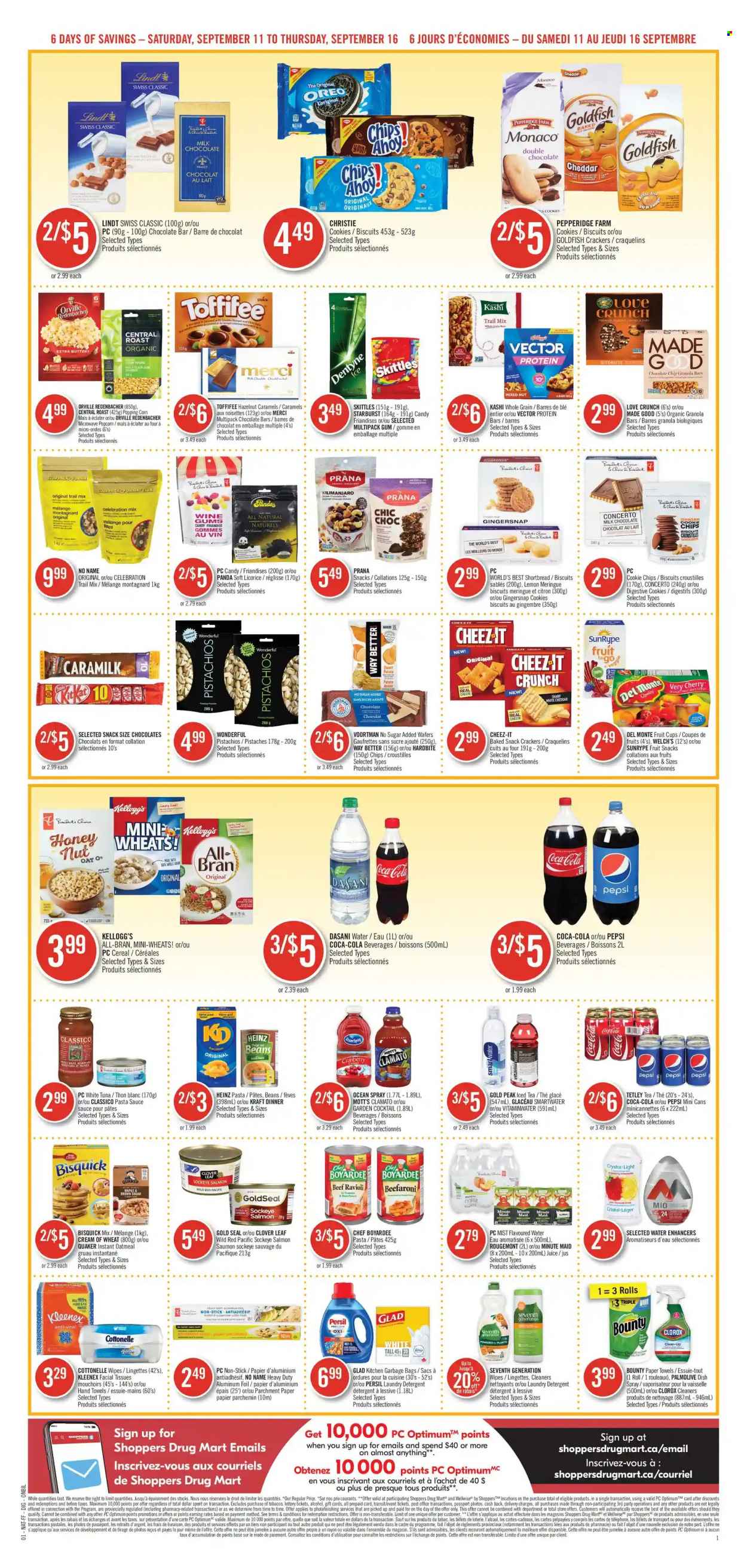 thumbnail - Shoppers Drug Mart Flyer - September 11, 2021 - September 16, 2021 - Sales products - cookies, milk chocolate, wafers, Bounty, Celebration, crackers, Kellogg's, biscuit, Merci, Digestive, Skittles, Welch's, fruit snack, Mott's, Starburst, chocolate bar, popcorn, Goldfish, Cheez-It, Bisquick, cane sugar, oats, beans, corn, salmon, Heinz, pasta sauce, sauce, Chef Boyardee, cereals, Cream of Wheat, protein bar, granola bar, Quaker, All-Bran, ravioli, Classico, Kraft®, pistachios, trail mix, Coca-Cola, Pepsi, juice, ice tea, Clamato, Clover, fruit punch, Smartwater, wipes, Cottonelle, Kleenex, tissues, kitchen towels, paper towels, Clorox, Persil, laundry detergent, Palmolive, facial tissues, alcohol, Oreo, detergent, chips, Lindt. Page 8.