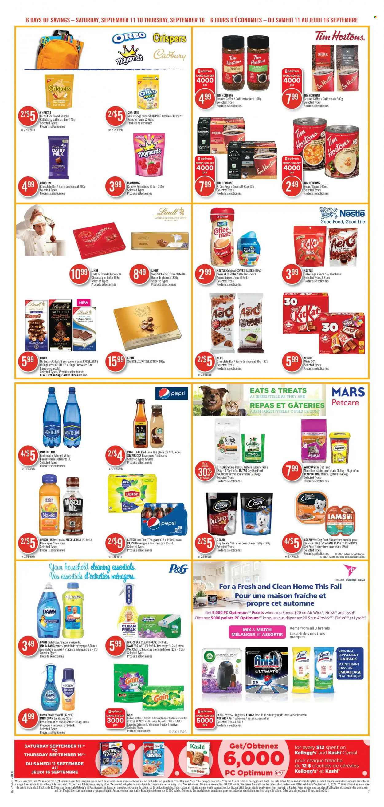 thumbnail - Shoppers Drug Mart Flyer - September 11, 2021 - September 16, 2021 - Sales products - cookies, milk chocolate, snack, Mars, Kellogg's, biscuit, Cadbury, Dairy Milk, chocolate bar, mango, soup, cereals, Rice Krispies, Frosted Flakes, Good Life, cinnamon, caramel, Pepsi, ice tea, mineral water, Pure Leaf, instant coffee, ground coffee, coffee capsules, Starbucks, K-Cups, Keurig, wipes, Gain, cleaner, Lysol, Swiffer, fabric softener, laundry detergent, Jet, soap, Nestlé, Oreo, detergent, Lipton, Whiskas, Lindt, Lindor. Page 9.