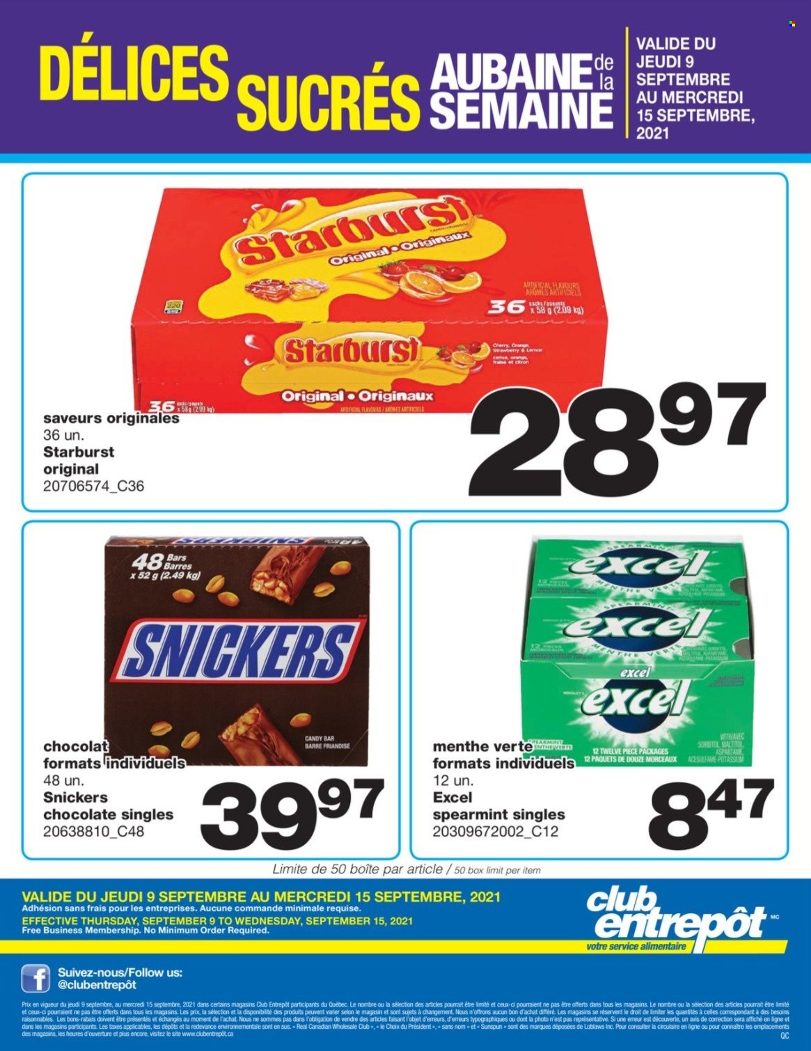 thumbnail - Wholesale Club Flyer - September 09, 2021 - September 15, 2021 - Sales products - Président, chocolate, Snickers, Starburst, oranges. Page 1.