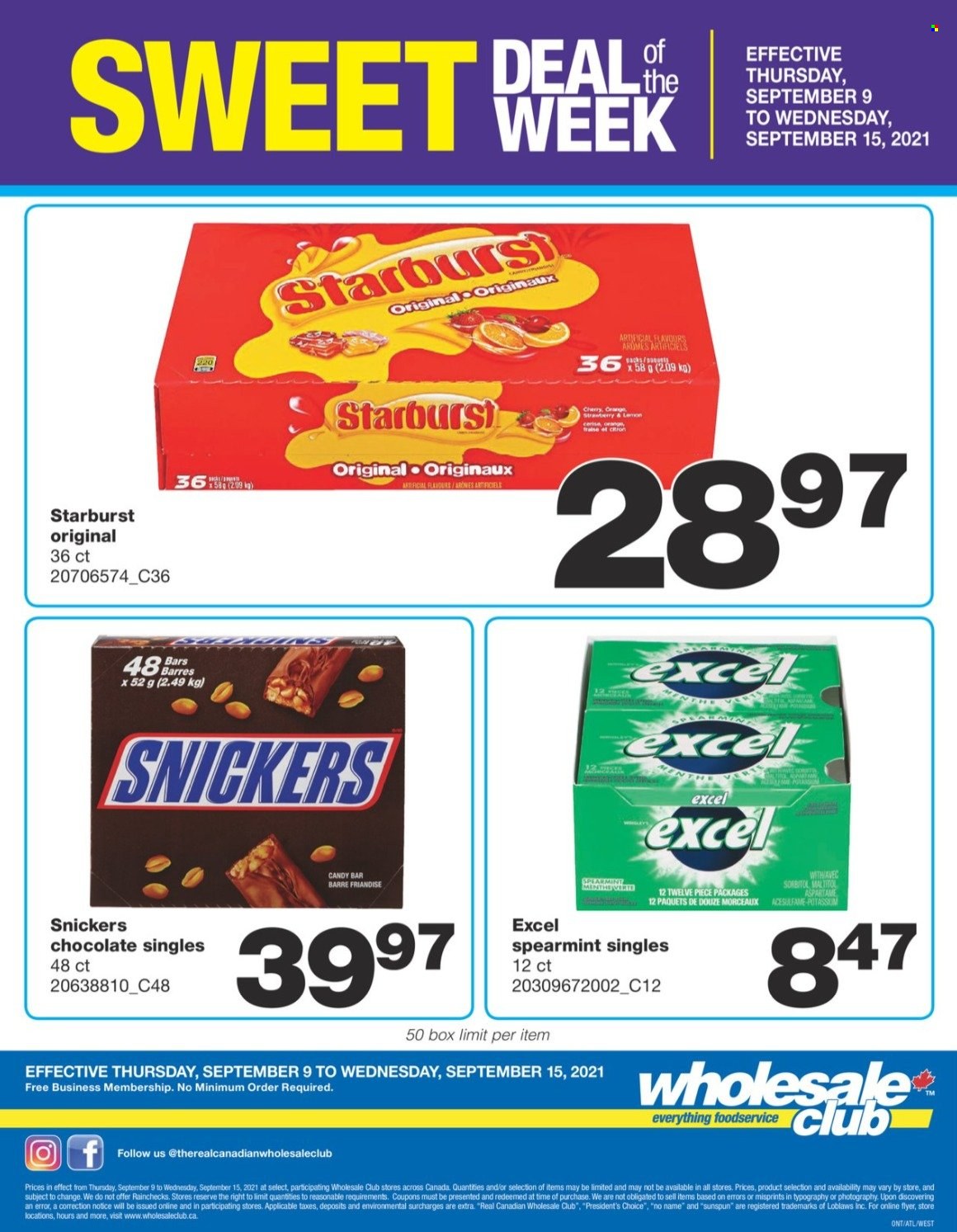 thumbnail - Wholesale Club Flyer - September 09, 2021 - September 15, 2021 - Sales products - No Name, Président, chocolate, Snickers, Starburst. Page 1.