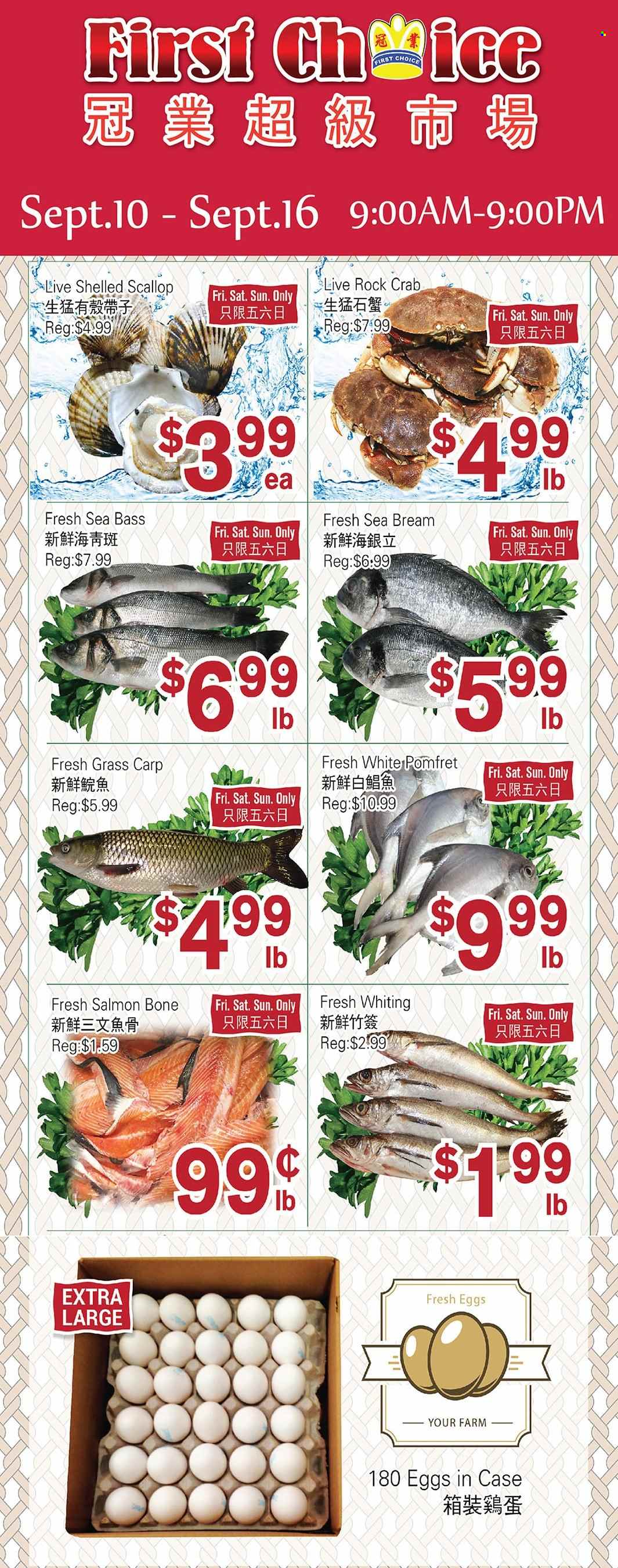 thumbnail - First Choice Supermarket Flyer - September 10, 2021 - September 16, 2021 - Sales products - salmon, scallops, sea bass, crab, seabream, carp, whiting, eggs. Page 1.