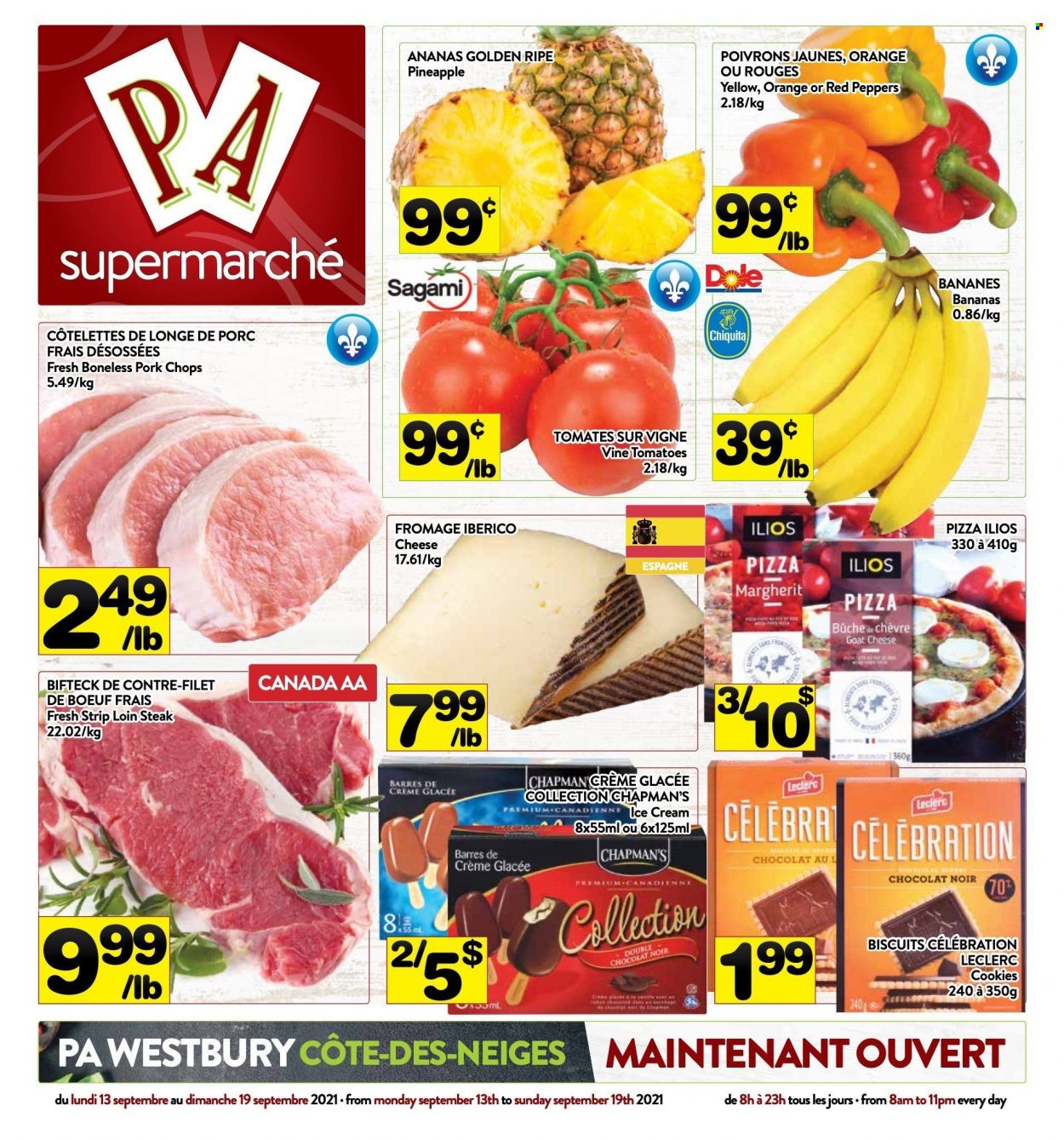 thumbnail - PA Supermarché Flyer - September 13, 2021 - September 19, 2021 - Sales products - Dole, peppers, red peppers, bananas, pineapple, pizza, cookies, Celebration, biscuit, pork chops, pork meat, steak, oranges. Page 1.