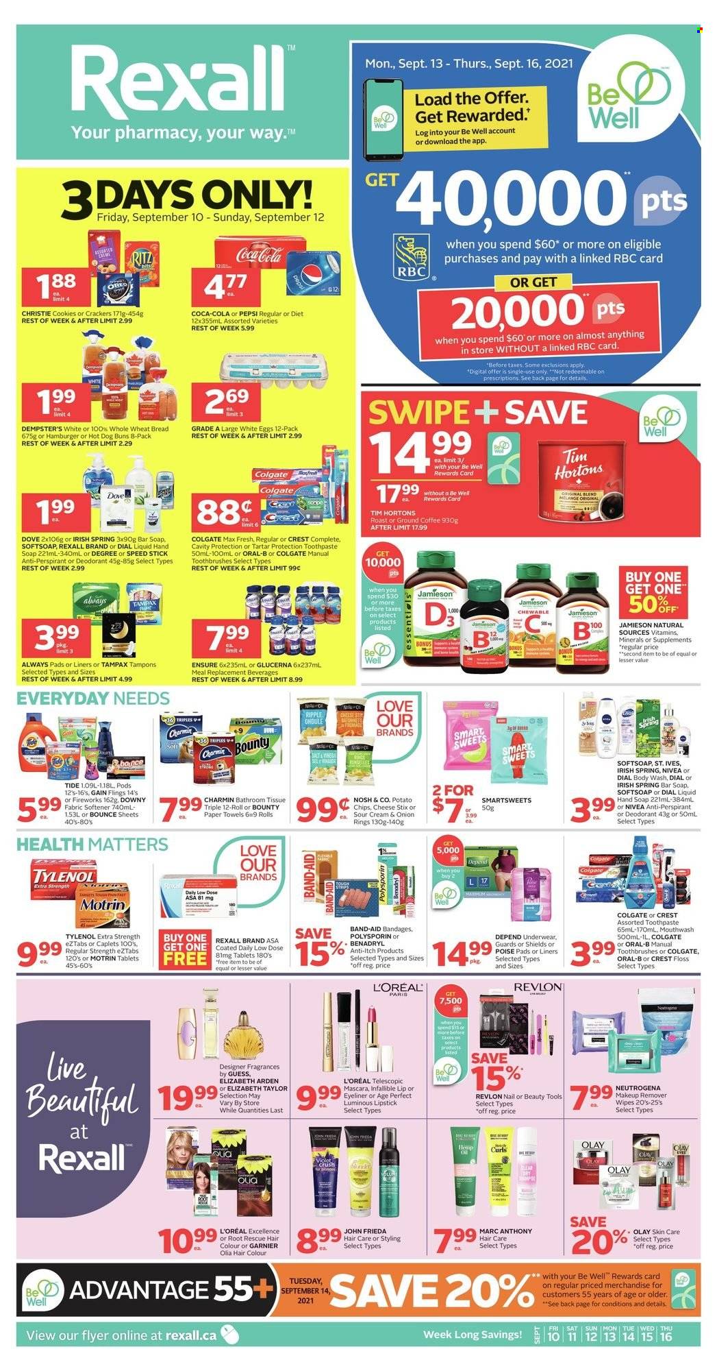 thumbnail - Rexall Flyer - September 10, 2021 - September 16, 2021 - Sales products - cookies, Bounty, crackers, potato chips, onion rings, oil, Coca-Cola, Pepsi, coffee, ground coffee, wipes, bath tissue, kitchen towels, paper towels, Charmin, Gain, Tide, fabric softener, Bounce, Downy Laundry, body wash, Softsoap, hand soap, soap bar, Dial, soap, toothpaste, mouthwash, Crest, Always pads, sanitary pads, tampons, L’Oréal, Olay, Revlon, hair color, John Frieda, anti-perspirant, Speed Stick, Guess, lipstick, makeup remover, eyeliner, Tylenol, Glucerna, vitamin D3, Low Dose, Motrin, Oreo, band-aid, Dove, Elizabeth Arden, Colgate, Garnier, mascara, Neutrogena, Tampax, Nivea, Oral-B, chips, deodorant. Page 1.