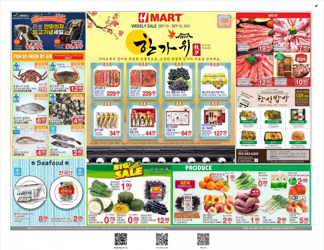 thumbnail - H Mart Flyer - September 10, 2021 - September 16, 2021 - Sales products - mushrooms, radishes, spinach, sweet potato, onion, salad, green onion, mandarines, nectarines, pineapple, melons, peaches, squid, tilapia, king crab, pollock, seafood, crab, fish, sauce, pancakes, Shabu, pork belly, pork meat, gift set, massage chair, LG. Page 1.
