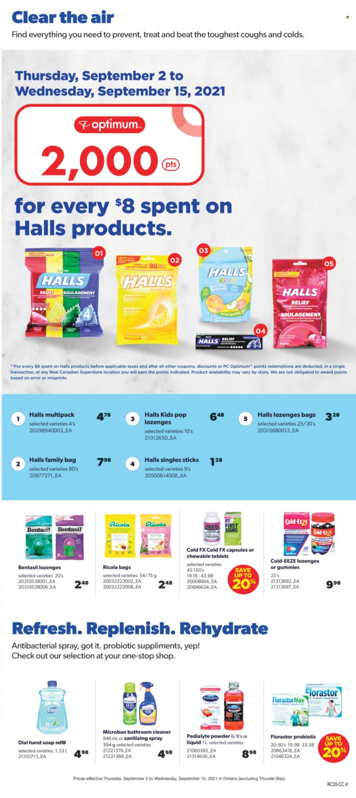 thumbnail - Real Canadian Superstore Flyer - September 02, 2021 - September 15, 2021 - Sales products - Apple, cod, Ricola, Halls, cleaner, hand soap, Dial, soap, antibacterial spray, bag, Optimum, probiotics, Cold-EEZE. Page 4.