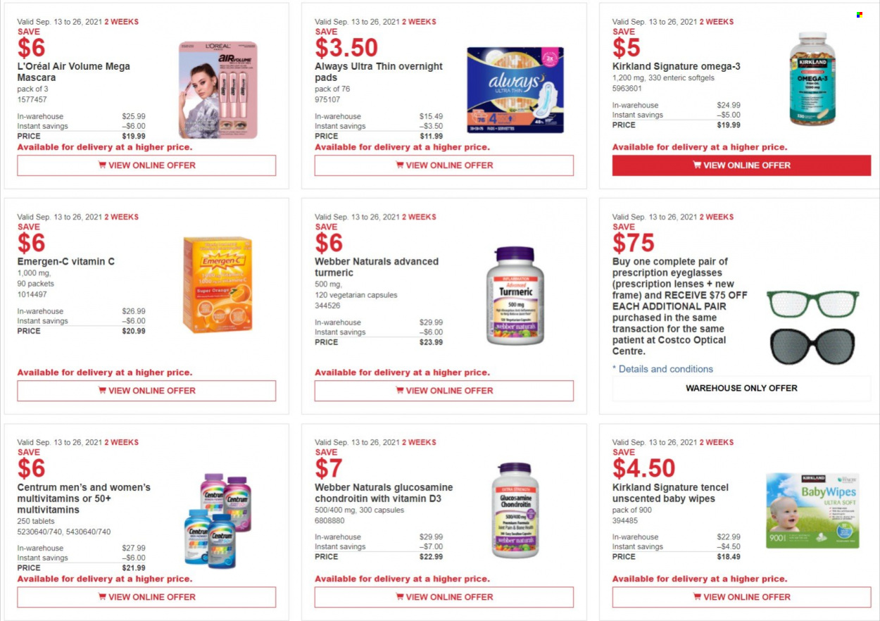 thumbnail - Costco Flyer - September 13, 2021 - September 26, 2021 - Sales products - turmeric, wipes, baby wipes, Always pads, sanitary pads, L’Oréal, lenses, eye glasses, glucosamine, multivitamin, vitamin c, Omega-3, Emergen-C, vitamin D3, Centrum, mascara, oranges. Page 3.