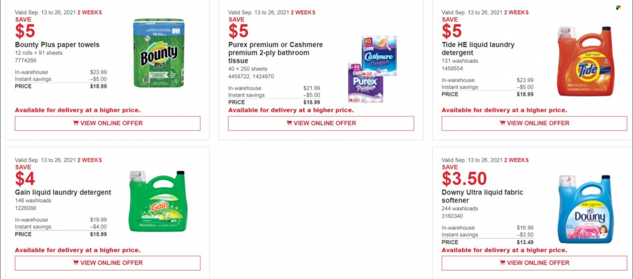 thumbnail - Costco Flyer - September 13, 2021 - September 26, 2021 - Sales products - Bounty, bath tissue, kitchen towels, paper towels, Gain, Tide, fabric softener, laundry detergent, Purex, Downy Laundry, detergent. Page 4.