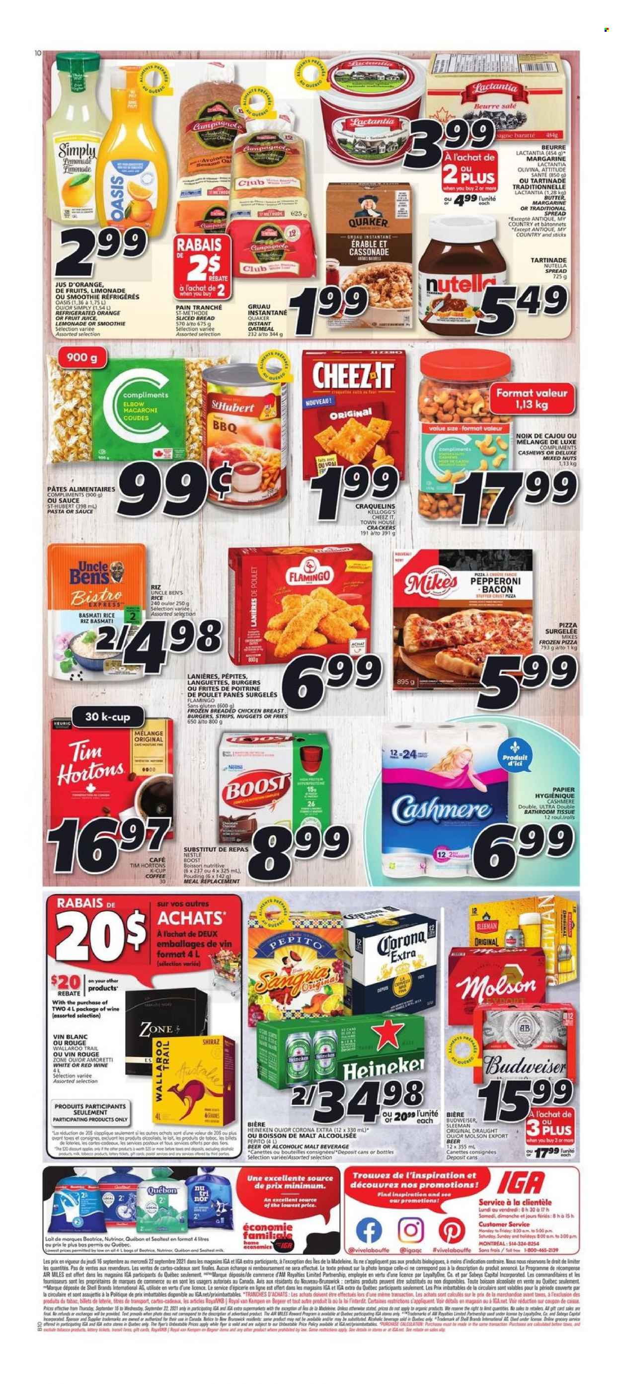 thumbnail - IGA Flyer - September 16, 2021 - September 22, 2021 - Sales products - bread, apples, pizza, macaroni, nuggets, hamburger, Quaker, bacon, pepperoni, butter, margarine, strips, potato fries, crackers, Kellogg's, oatmeal, oats, malt, Uncle Ben's, basmati rice, rice, cashews, mixed nuts, lemonade, juice, fruit juice, smoothie, Boost, coffee, coffee capsules, L'Or, K-Cups, Shiraz, beer, Corona Extra, Heineken, chicken, Nestlé, Budweiser, Nutella. Page 2.
