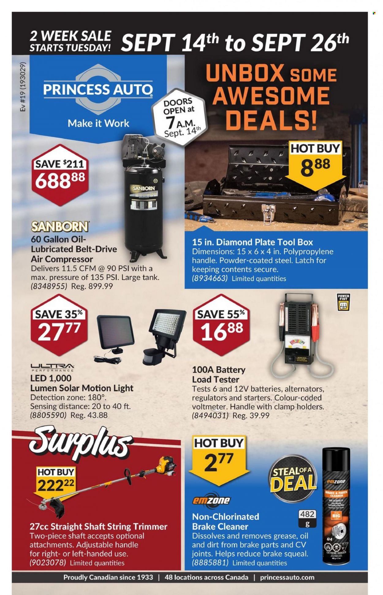 thumbnail - Princess Auto Flyer - September 14, 2021 - September 26, 2021 - Sales products - tool box, belt, air compressor, brake cleaner, cleaner. Page 1.