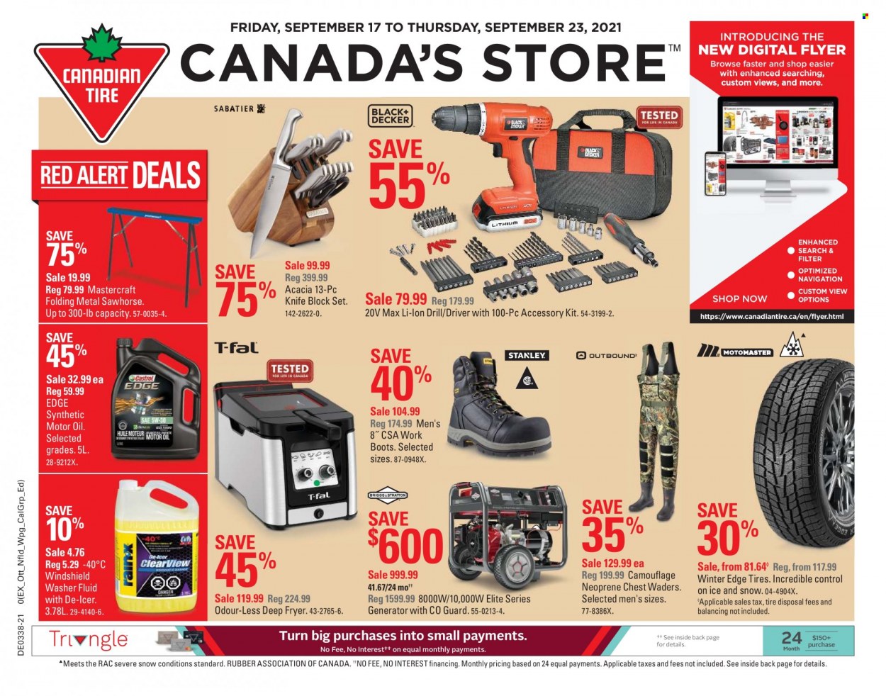 thumbnail - Canadian Tire Flyer - September 17, 2021 - September 23, 2021 - Sales products - knife, knife block, eraser, washing machine, Black & Decker, deep fryer, boots, Stanley, drill, generator, washer fluid, motor oil, tires. Page 1.