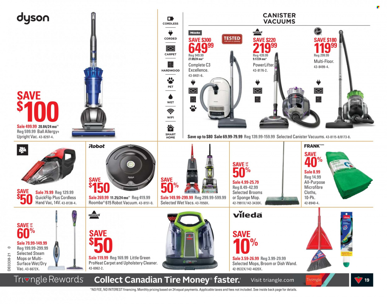thumbnail - Canadian Tire Flyer - September 17, 2021 - September 23, 2021 - Sales products - cleaner, Vileda, mop, broom, canister, Roomba, robot vacuum, Dyson, Miele. Page 19.