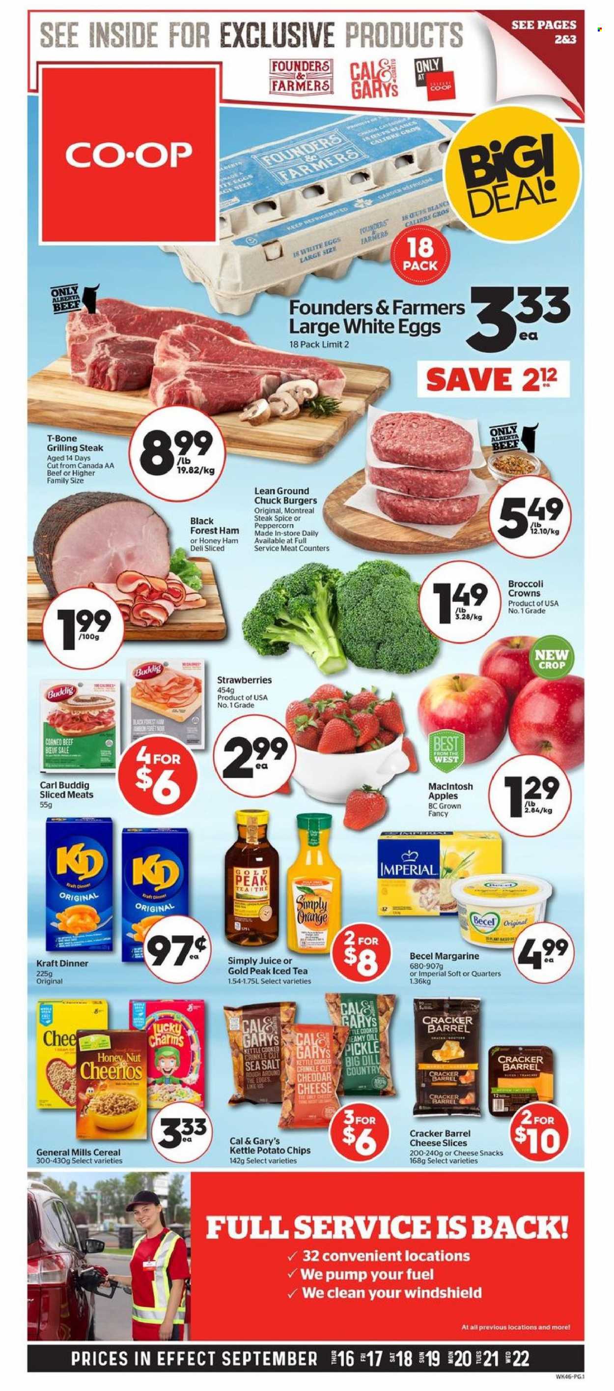 thumbnail - Calgary Co-op Flyer - September 16, 2021 - September 22, 2021 - Sales products - apples, hamburger, Kraft®, ham, corned beef, sliced cheese, eggs, margarine, snack, crackers, potato chips, cereals, Cheerios, dill, spice, juice, ice tea, beef meat, ground chuck, t-bone steak, chips, steak. Page 1.