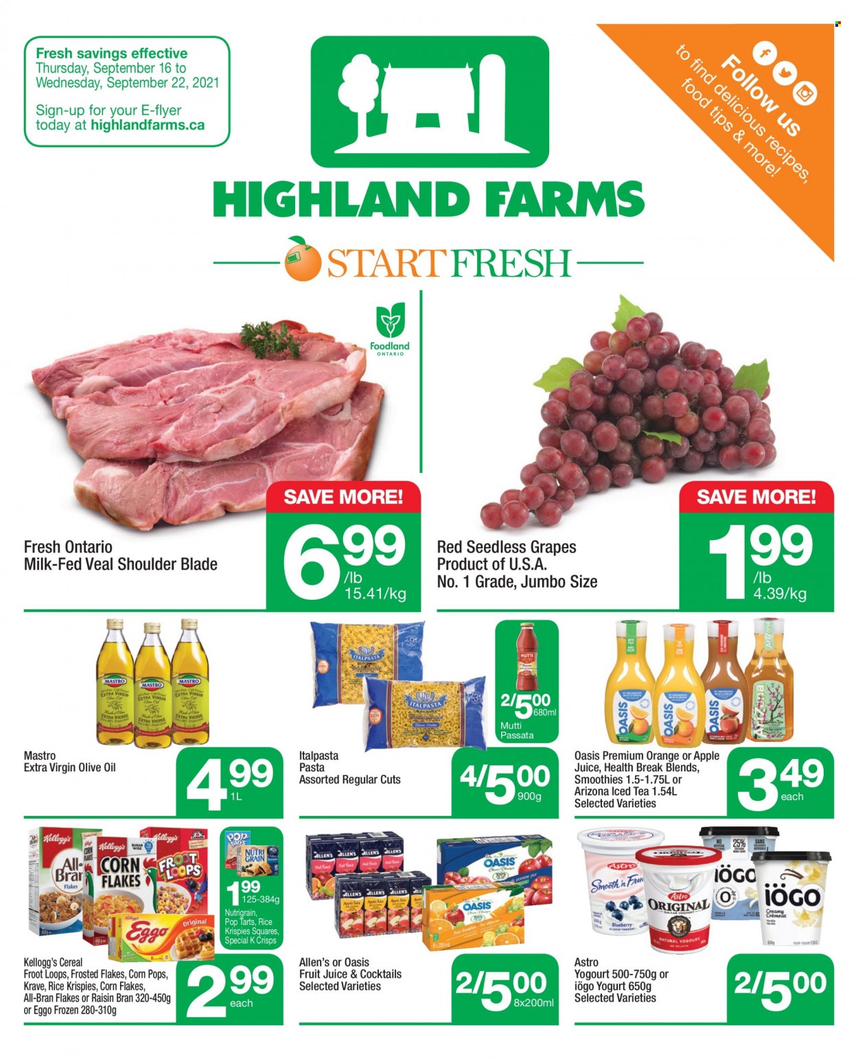 thumbnail - Circulaire Highland Farms - 16 Septembre 2021 - 22 Septembre 2021 - Produits soldés - Oasis, raisins, Kellogg's. Page 1.