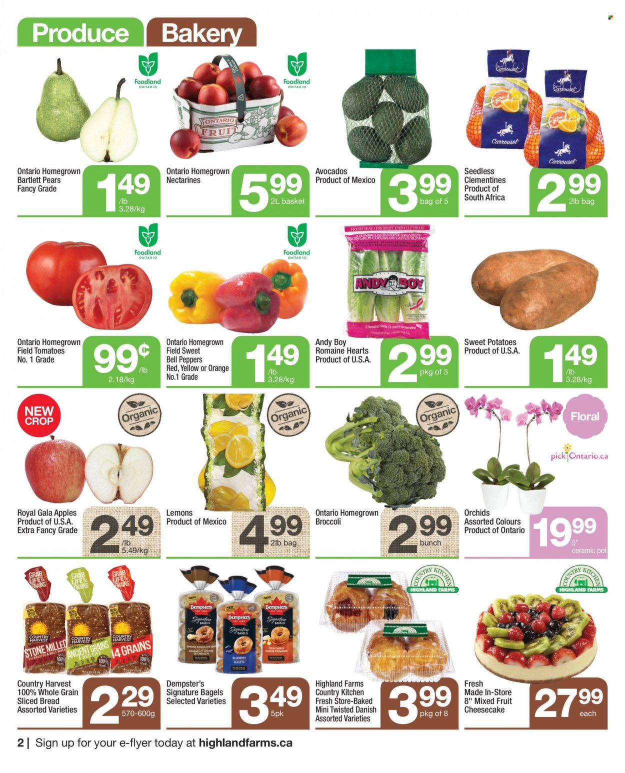 thumbnail - Highland Farms Flyer - September 16, 2021 - September 22, 2021 - Sales products - bagels, bread, cheesecake, bell peppers, broccoli, sweet potato, tomatoes, potatoes, peppers, apples, avocado, Bartlett pears, clementines, Gala, nectarines, pears, lemons, Country Harvest, oranges. Page 2.