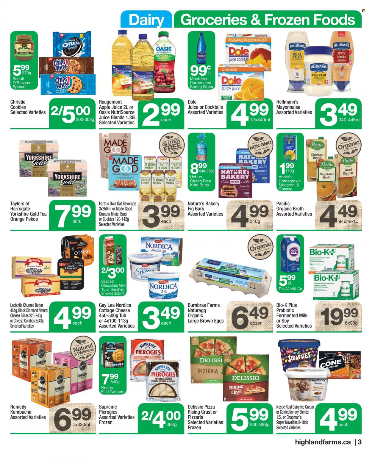 thumbnail - Highland Farms Flyer - September 16, 2021 - September 22, 2021 - Sales products - buns, Dole, macaroni & cheese, pizza, Annie's, cottage cheese, sliced cheese, milk, shake, eggs, butter, mayonnaise, Hellmann’s, ice cream, cookies, milk chocolate, oats, broth, apple juice, juice, spring water, kombucha, tea, Nestlé, granola, oranges. Page 3.