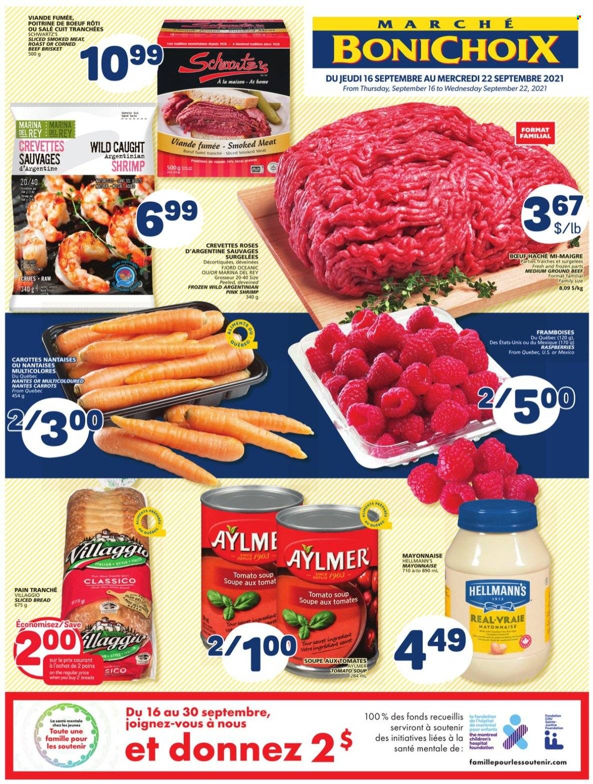 thumbnail - Marché Bonichoix Flyer - September 16, 2021 - September 22, 2021 - Sales products - bread, carrots, shrimps, tomato soup, soup, mayonnaise, Hellmann’s, Classico, beef meat, ground beef, beef brisket. Page 1.