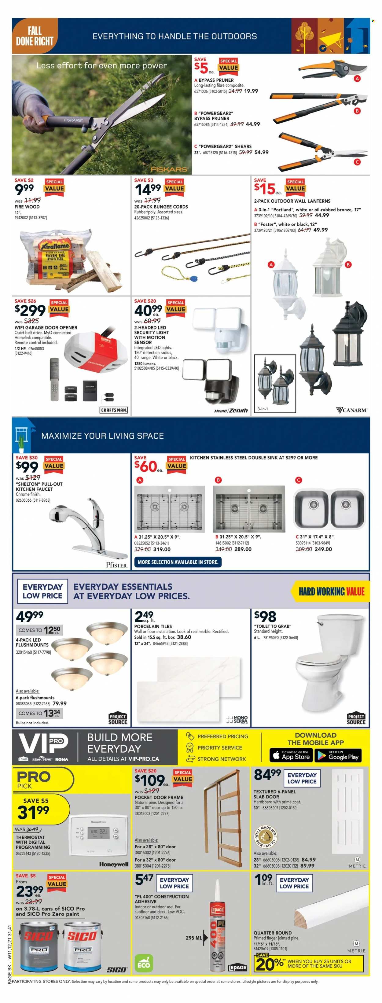 thumbnail - RONA Flyer - September 16, 2021 - September 22, 2021 - Sales products - Honeywell, toilet, faucet, sink, adhesive, paint, LED light, door opener, garage door opener, Fiskars, bungee cords. Page 2.