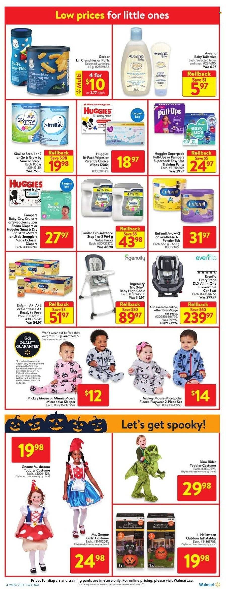 thumbnail - Walmart Flyer - September 16, 2021 - September 22, 2021 - Sales products - mushrooms, puffs, Mickey Mouse, Gerber, Lil' Crunchies, Enfamil, Similac, wipes, pants, nappies, baby pants, Aveeno, Omo, Minnie Mouse, high chair, chair, costume, Snug, Ingenuity, baby car seat, Huggies, Pampers. Page 8.