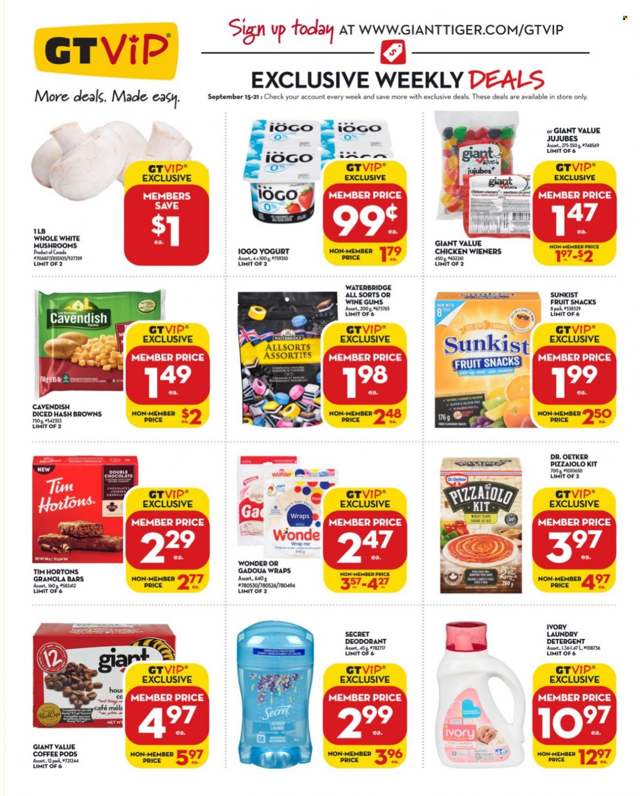 thumbnail - Giant Tiger Flyer - September 15, 2021 - September 21, 2021 - Sales products - mushrooms, wraps, Dr. Oetker, yoghurt, hash browns, chocolate, fruit snack, granola bar, coffee pods, laundry detergent, anti-perspirant, detergent, deodorant. Page 4.