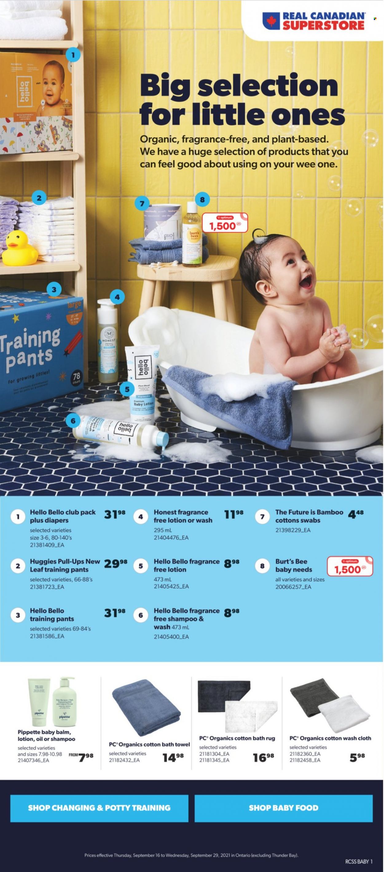 thumbnail - Real Canadian Superstore Flyer - September 16, 2021 - September 29, 2021 - Sales products - pants, nappies, baby pants, body lotion, bath towel, towel, washcloth, shampoo, Huggies. Page 1.