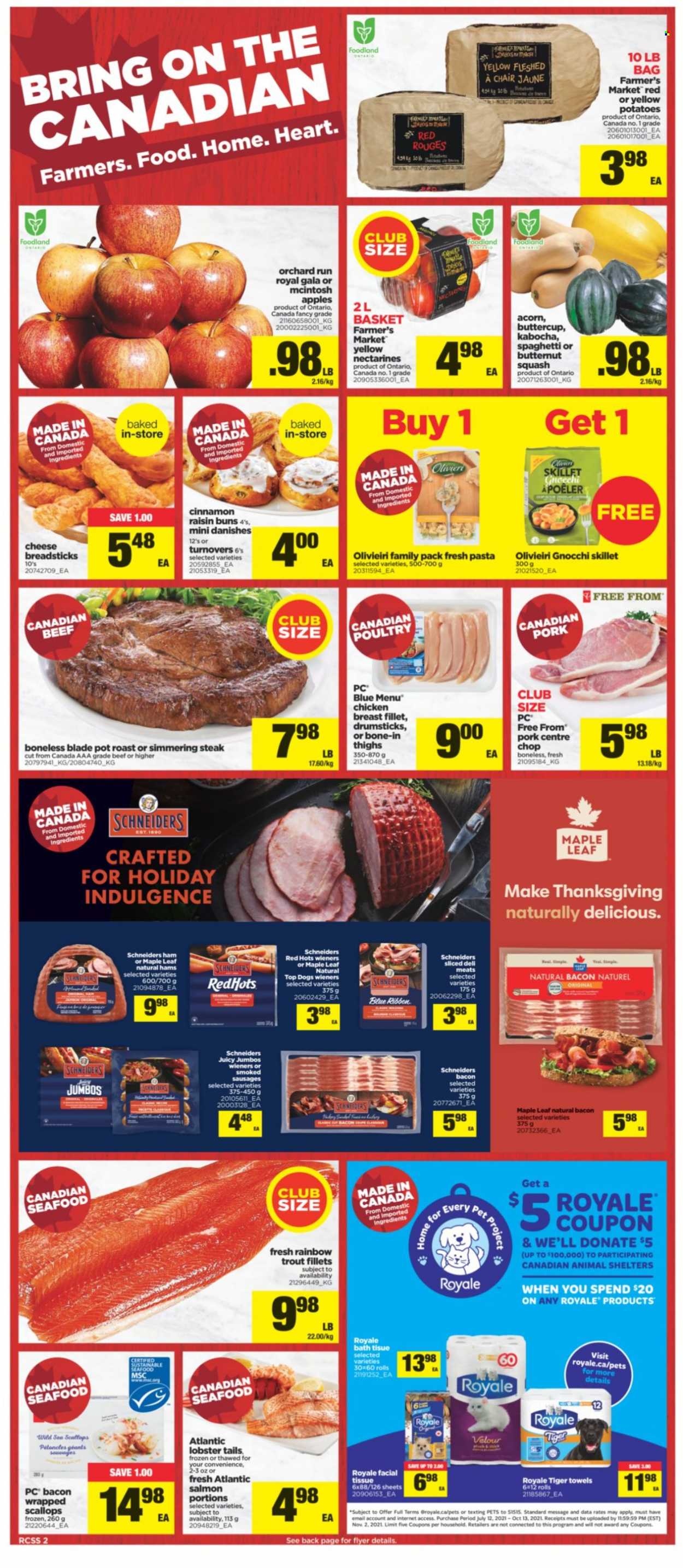 thumbnail - Real Canadian Superstore Flyer - September 16, 2021 - September 22, 2021 - Sales products - Blue Ribbon, buns, turnovers, butternut squash, potatoes, apples, Gala, nectarines, lobster, salmon, scallops, trout, lobster tail, spaghetti, bacon, ham, sausage, cheese, bread sticks, chicken breasts, chicken, tissues, pot, towel, McIntosh, chair, basket, gnocchi, steak. Page 2.