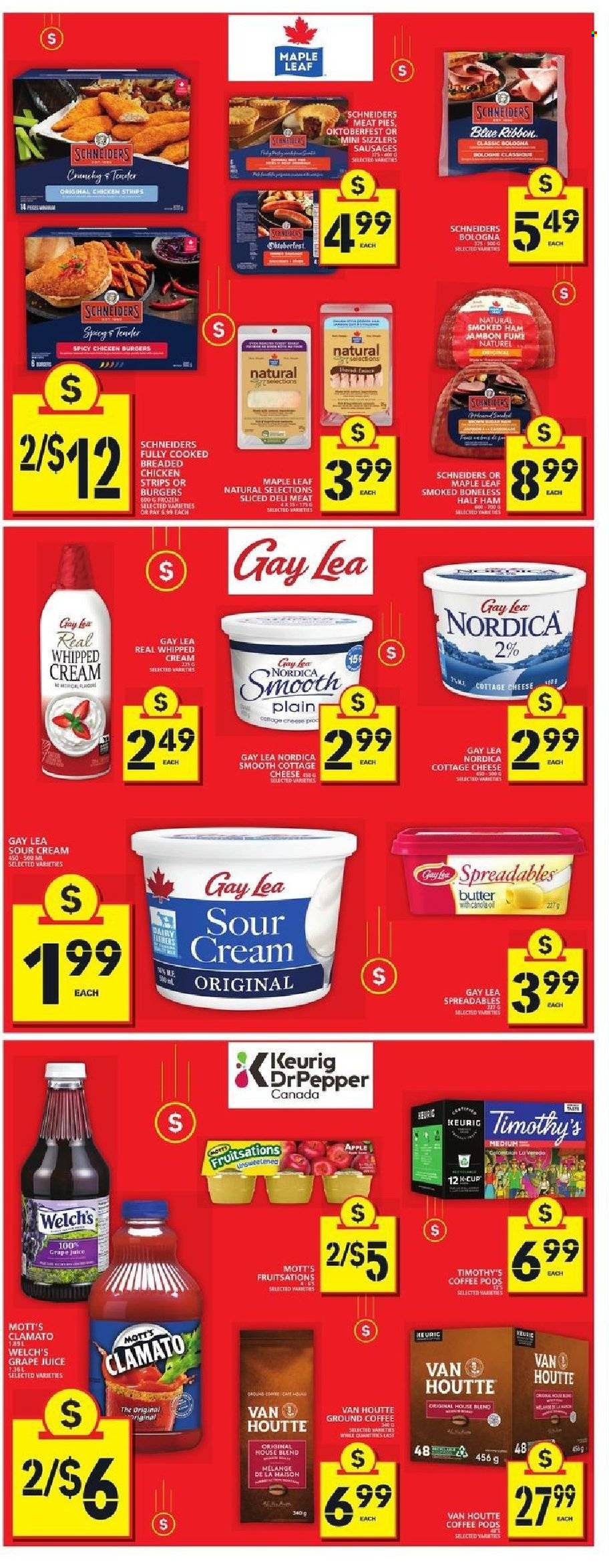 thumbnail - Food Basics Flyer - September 16, 2021 - September 22, 2021 - Sales products - Blue Ribbon, Welch's, Mott's, fried chicken, half ham, ham, smoked ham, bologna sausage, sausage, cottage cheese, cheese, butter, sour cream, whipped cream, strips, chicken strips, juice, Clamato, coffee pods, ground coffee, coffee capsules, K-Cups, Keurig. Page 2.